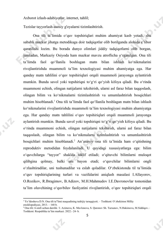 mashqqa qaraganda torroq tushunchani ifodalashini e’tirof etadi [saidov, 2000:25]. ma’lumki, til darsliklarida, asosan, “mashq”, “savol” va “topshiriq” atamalari tabiiy va aniq fanlarda masala atamasi qo‘llaniladi. ularning barchasi o‘quv topshiriqlari sirasiga kiruvchi ish turi bo‘lib, mazkur atama ayrim tadqiqotlarda o‘quv-biluv topshiriqlari deb ham talqin qilinadi, bu asosan x.muxitdinova ning hamda otmlarida m.e.axmedova, g.k.rasulovalarning ishlarida uchraydi. g‘.hamroyev til ta’limining asosiy maqsad vazifasi o‘quv topshiriqlarining mazmun-mohiyati va vazifaviy farqlanishidan kelib chiqishi, shu bois “mashq”, “savol”, “topshiriq” atamalari mazmuni va qo‘llanishi jihatidan alohida tadqiq etish zarurligi, bu o‘rinda eng keng qamrovlisi “topshiriq” bo‘lib, darslik va qo‘llanmalarda u savol va mashqni o‘z ichiga olishini ta’kidlaydi. milliy qadriyatlar, jumladan, otmda ham ona tilini mukammal bilmasdan muvaffaqiyatga erishib bo‘lmaydi. shuning uchun ham ona tili o‘qitish metodikasida nimani, qanday o‘qitish masalasi antik davrdan to bugungi kunga qadar muammo bo‘lib kelgan. bu tabiiy hol, albatta, taraqqiyot metodikaga bog‘liq bo‘lganligi bois, zamon o‘z talabini qo‘yadi, metodika mazkur buyurtmani bajaradi. shuning …