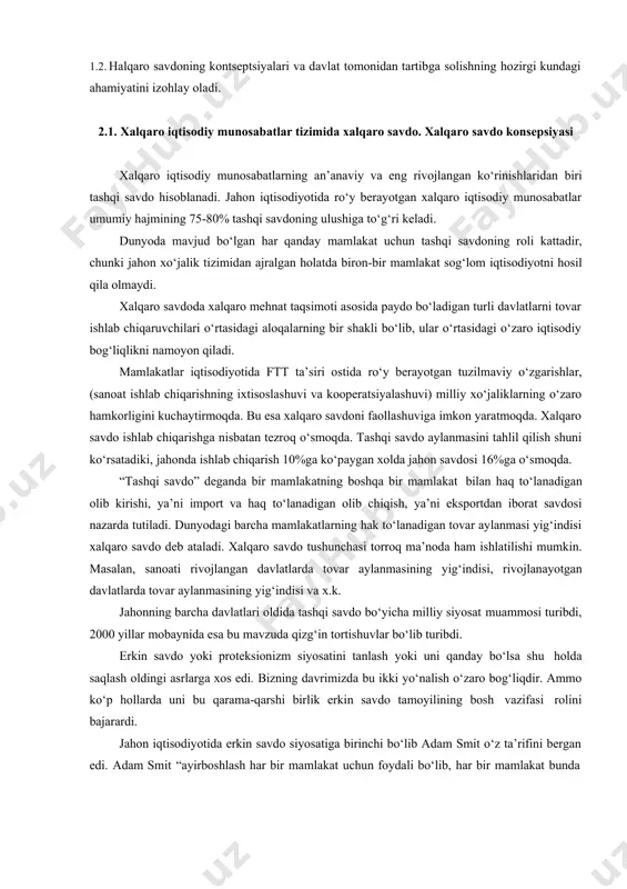 iy o‘zgarishlar, (sanoat ishlab chiqarishning ixtisoslashuvi va kooperatsiyalashuvi) milliy xo‘jaliklarning o‘zaro hamkorligini kuchaytirmoqda. bu esa xalqaro savdoni faollashuviga imkon yaratmoqda. xalqaro savdo ishlab chiqarishga nisbatan tezroq o‘smoqda. tashqi savdo aylanmasini tahlil qilish shuni ko‘rsatadiki, jahonda ishlab chiqarish 10%ga ko‘paygan xolda jahon savdosi 16%ga o‘smoqda. “tashqi savdo” deganda bir mamlakatning boshqa bir mamlakat bilan haq to‘lanadigan olib kirishi, ya’ni import va haq to‘lanadigan olib chiqish, ya’ni eksportdan iborat savdosi nazarda tutiladi. dunyodagi barcha mamlakatlarning hak to‘lanadigan tovar aylanmasi yig‘indisi xalqaro savdo deb ataladi. xalqaro savdo tushunchasi torroq ma’noda ham ishlatilishi mumkin. masalan, sanoati rivojlangan davlatlarda tovar aylanmasining yig‘indisi, rivojlanayotgan davlatlarda tovar aylanmasining yig‘indisi va x.k. jahonning barcha davlatlari oldida tashqi savdo bo‘yicha milliy siyosat muammosi turibdi, 2000 yillar mobaynida esa bu mavzuda qizg‘in tortishuvlar bo‘lib turibdi. erkin savdo yoki proteksionizm siyosatini tanlash yoki uni qanday bo‘lsa shu holda saqlash oldingi asrlarga xos edi. bizning davrimizda bu ikki yo‘nalish o‘zaro bog‘liqdir. ammo …