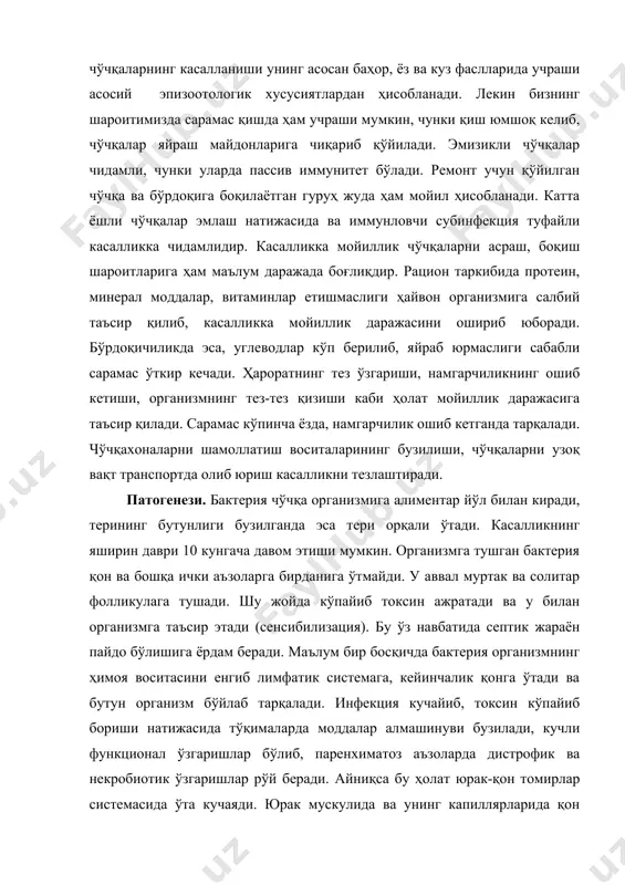 бу ҳолат юрак-қон томирлар системасида ўта кучаяди. юрак мускулида ва унинг капиллярларида қон тўхтаб қолиши оқибатида шиш пайдо бўлиб, тромблар вужудга келади. ретикулоэндотелиал системада ҳам тўқима элементлари пролиферацияга учрайди. кечиши ва клиник белгилари. ҳар хил омиллар (ёш, семизлик даражаси, вирулентлик хусусияти)га қараб сарамас ўта ўткир, ўткир, ярим ўткир ва сурункали, шунингдек тери шаклида ҳамда эшакем кўринишида кечади. ўта ўткир кечиши. бу ҳолат асосан сўқимга боқилаётган 7-10 ойлик чўчқаларда учрайди. чўчқахоналарни шамоллатиш воситалари ёмон ишлаганда ёки чўчқалар транспортда узоқ ташилганда тез тарқалади. бундай кечиш бир неча соат давом этиб, тана ҳарорати кўтарилиб кетади. ҳеч нарса емайди, жуда бўшашади, асаб бузилиши рўй бериб, касал чўчқа ўлади. ўткир кечиш ёки септик ҳолатда кечиш. бунда тана ҳарорати 42° с гача кўтарилиб, касалликнинг охиригача тушмайди. бир неча соатдан кейин иштаҳа бўғилиб, умумий ҳолсизланиш ва эт увишиши рўй беради. касал чўчқа ётоқчилайди. юрганида эса оёқлари бир-бирига урилиб кетаверади. конъюнктивит кузатилади. ошқозон-ичак зарарланиб яллиғланади ва ич қотади. …