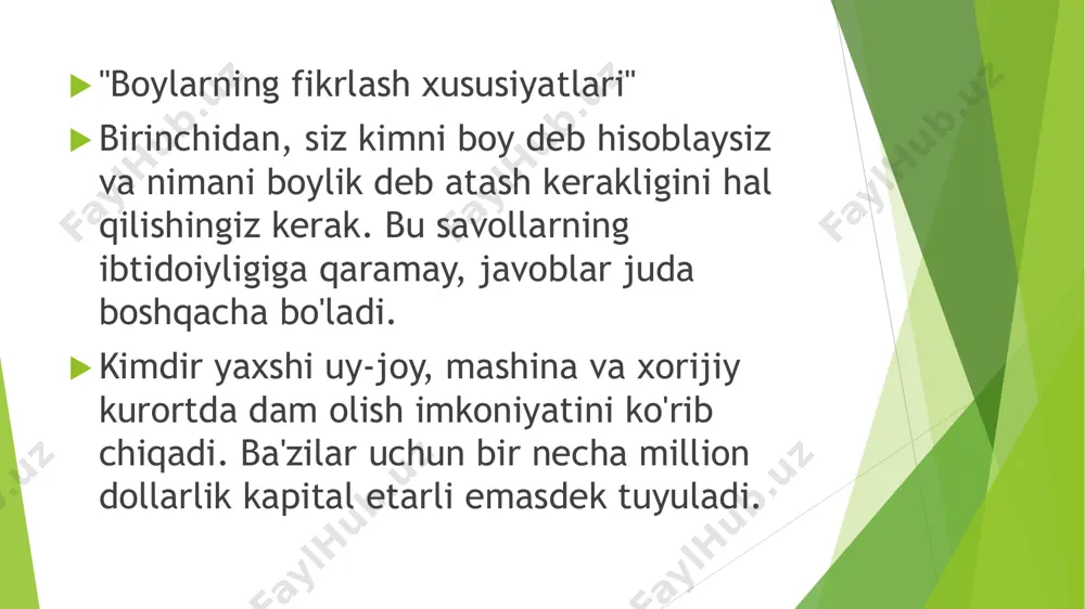 sa yaqin odamlardan uzoqlashish juda qiyin. agar ular sizni qo'llab-quvvatlamasa va sizni orqaga tortsa, zarracha afsuslanmasdan xayrlashing. 5. moliyaviy savodxonlik - bu hamma narsa moliya bo'yicha qattiq kitoblarni o'rganing. avvaliga bu qiyin bo'ladi, lekin asta- sekin barcha atama va tushunchalarni tushunasiz. bu juda muhim. shaxsiy moliyaviy reja tuzing. bu kapital sotib olish strategiyasiga aylanadi, lekin mavjud vaziyatni to'liq baholashga asoslangan bo'lishi kerak. moliyaviy maslahatchidan yordam so'rang. barcha millionerlarda moliyaviy sektorni chuqur tushunadigan va amaliy maslahatlar beradigan bunday maslahatchilar bor. rejaga qat'iy rioya qiling va impulsiv xarajatlarga yo'l qo'ymang. tejalgan va investitsiya qilingan har bir tiyin kelajakda barqaror daromad keltiradi. bu haqda unutmang. siz topganingizdan ko'proq pul sarflaysizmi? yoki vaziyatni o'zgartiring, yoki bankrotlikka tayyorlaning. qarzlar, ayniqsa, yuqori foizli qarzlar yomondir. biznesni rivojlantirish uchun kreditlar, istiqbollarni chuqur tahlil qilgandan so'ng, o'ta ehtiyotkorlik bilan olinishi kerak. xarajatlar va daromadlarning sinchkovlik bilan va batafsil yozuvlarini saqlang. turli davrlar uchun moliyaviy statistikani tuzing va tahlil …