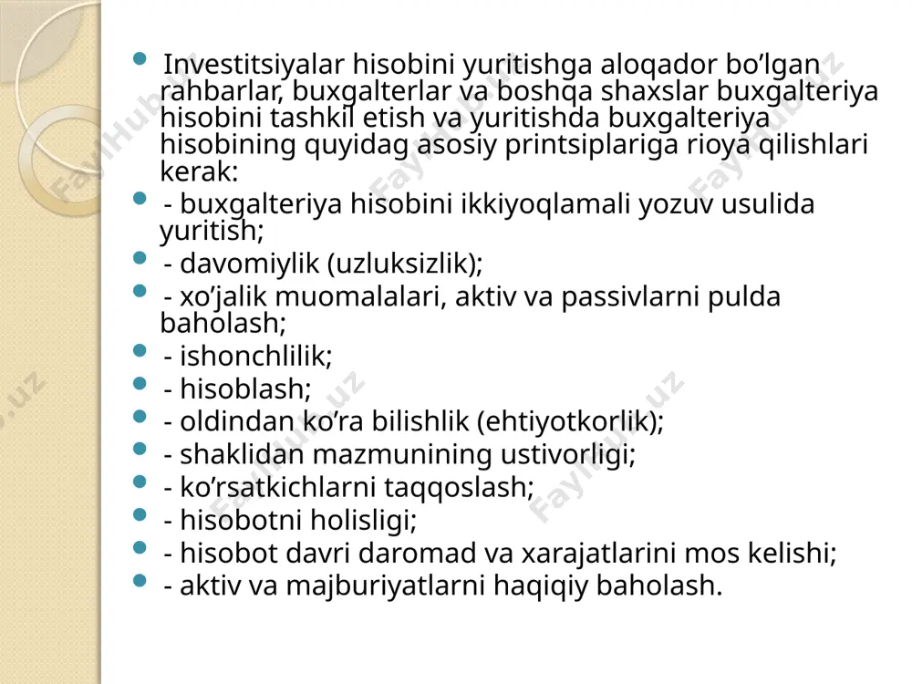 o’m. • obligatsiyaning balans qiymati hisobdan chiqarildi: d-t 9220-«boshqa aktivlarning realizatsiyasi va boshqacha chiqib ketishi» - 500000 so’m k-t 0610-«qimmatli qog’ozlar» - 500000 so’m. • sotishdan olingan zarar (500000 - 400000) = 100000 so’m: d-t 9430-«boshqa operatsion xarajatlar» - 100000 so’m k-t 9220-«boshqa aktivlarning realizatsiyasi va boshqacha chiqib ketishi» - 100000 so’m. e’tiboringiz uchun rahmat! image2.png image3.png image4.png image5.png image6.gif image7.gif image8.gif image9.gif image10.jpeg image11.jpeg image12.jpeg image13.jpeg image14.gif /docprops/thumbnail.jpeg