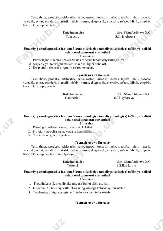 reprezentativ. kafedra mudiri: dots. sharafutdinova x.g. tuzuvchi: s.s.haydarova umumiy psixodiagnostika fanidan 3-kurs psixologiya (amaliy psixologiya) ta’lim yo’nalishi uchun oraliq nazorat variantlari 13-variant 1. psixodiagnostikaning shakllanishida v.vund laboratoriyasining o‘rni. 2. meyoriy yo‘naltirilgan testlarni ishonchliligini baholash. 3. ko‘p omilli shaxsni o‘rganish so‘rovnomalari. tayanch so’z va iboralar test, shaxs, proektiv, adekvatlik, baho, metod, kuzatish, tashxis, tajriba, tahlil, nazariy, valedlik, retest, standard, statistik, nisbiy, norma, diagnostik, meyoriy, so’rov, klinik, empirik, konstruktiv, reprezentativ. kafedra mudiri: dots. sharafutdinova x.g. tuzuvchi: s.s.haydarova umumiy psixodiagnostika fanidan 3-kurs psixologiya (amaliy psixologiya) ta’lim yo’nalishi uchun oraliq nazorat variantlari 14-variant 1. psixologik testlashtirishning zamonaviy holatlari. 2. proyektiv metodikalarning yutuq va kamchiliklari. 3. test tuzishning asosiy qoidalari. tayanch so’z va iboralar test, shaxs, proektiv, adekvatlik, baho, metod, kuzatish, tashxis, tajriba, tahlil, nazariy, valedlik, retest, standard, statistik, nisbiy, norma, diagnostik, meyoriy, so’rov, klinik, empirik, konstruktiv, reprezentativ, korrelyatsiya. kafedra mudiri: dots. sharafutdinova x.g. tuzuvchi: s.s.haydarova umumiy psixodiagnostika fanidan 3-kurs psixologiya (amaliy psixologiya) ta’lim yo’nalishi …
