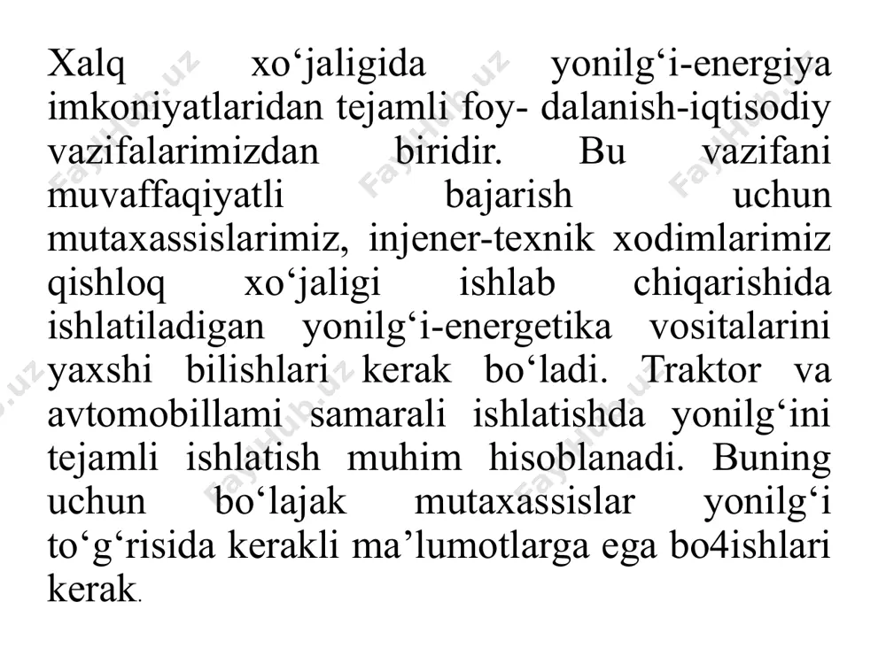 vigatelning tejam- korlik va quwat ko‘rsatkichlari baland bo‘ladi. dvigatellar ko‘rsatkichlarining yaxshi bo‘lishi, nafaqat yonilg‘ini yetkazib berish, balki havoning har xil aralashmalardan tozalanishiga ham ko‘p jihatdan bog‘liq bo‘ladi. avtomobillar har doim ham havosi toza bo‘lgan sharoitlarda ishlatilmaydi. qattiq qoplamaga ega bo‘lgan yo‘llarda ham, havoning tarkibida 0,001 g/m3 changlar bo‘lishi mumkin. qishloq yo‘llarida esa ko‘chalaming changlanish darajasi 0,1...0,2 g/m3 ga, dala sharoitlarida 0,5 g/m3 ga, ba’zan esa 1,0 g/m3 miqdorgacha yetishi mumkin. havoning tarkibidagi changsimon qattiq zar- rachalar silindming ichiga tushib qolib, ishqalanib ishlovchi yuzalami yeyilishini ortishiga sabab bo‘ladi. shuning uchun ta’minlash tizimining yonilg‘ini uzatish va havoni tozalash kabi vazifalariga katta ahamiyat beriladi. benzin yonilg‘isiga ishlovchi karbyuratorli dvigatelning ta’­minlash tizimi 7.1-rasmda keltirilgan 1 - omilg'i baki; 2 -yonilg‘i tindirgichi; 3 -yonilg'i о ‘tkazgichi; 4 - kiritish kollektori; 5 — havo tozalagich; 6 - yonilg'i nasosi; 7 - karbyurator; 8 - mayin filtr; 9 - chiqarish kollektori; 10- uchqun so ‘ndirgich; 11 -yonilg'i …