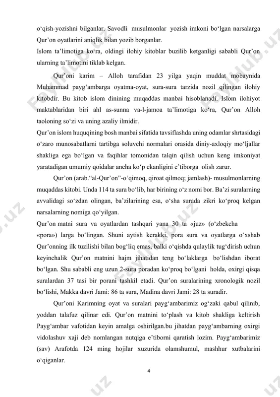 jm jihatidan teng bo‘laklarga bo‘lishdan iborat bo‘lgan. shu sababli eng uzun 2-sura poradan ko‘proq bo‘lgani holda, oxirgi qisqa suralardan 37 tasi bir porani tashkil etadi. qur’on suralarining xronologik nozil bo‘lishi, makka davri jami: 86 ta sura, madina davri jami: 28 ta suradir. qur’oni karimning oyat va suralari payg‘ambarimiz og‘zaki qabul qilinib, yoddan talafuz qilinar edi. qur’on matnini to‘plash va kitob shakliga keltirish payg‘ambar vafotidan keyin amalga oshirilgan.bu jihatdan payg‘ambarning oxirgi vidolashuv xaji deb nomlangan nutqiga e’tiborni qaratish lozim. payg‘ambarimiz (sav) arafotda 124 ming hojilar xuzurida olamshumul, mashhur xutbalarini o‘qiganlar. “ey, insonlar so‘zlarimni diqqat bilan eshitingiz. bilmayman bu sanadan keyin siz bilan bu erda yana bir bor birga bo‘lolmasman. ey insonlar! bu kuningiz (qurbon kuni) qanday muqaddas bo‘lsa, bu oyingiz qanday muqaddas bo‘lsa, bu shahrimiz (makka) qanday muqaddas bir shahar bo‘lsa, bilingizki jonlaringiz, mollaringiz ham shu kabi muqaddasdir. ularga qilingan har qanday tajovuz haromdir. ashobim! hushingizni yig‘ib oling! bilingizki, zinhor-bazinhor mendan …