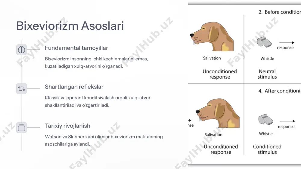 hlar do'stlar va tengdoshlar guruhi ijtimoiy xulq-atvorni o'rganishda muhim rol o'ynaydi. 6 bixeviorizm va psixologik rivojlanish kuzatish bola atrofdagilar xulq-atvorini kuzatadi. takrorlash ko'rgan xulq-atvorni takrorlashga harakat qiladi. natija xulq-atvor natijasiga qarab reflekslar shakllanadi. o'zlashtirish xulq-atvor bolaning mustaqil hatti-harakatiga aylanadi. 7 xulq-atvor psixologiyasida eksperimental tadqiqotlar tadqiqotchi eksperiment xulosa ivan pavlov klassik shartlangan refleks reflekslarni shakllantirishning asosiy tamoyillari b.f. skinner operant konditsiyalash mukofot va jazo ta'sirida xulq-atvorning o'zgarishi albert bandura ijtimoiy o'rganish kattalardan taqlid qilish orqali o'rganish john watson "kichik albert" eksperimenti qo'rquvning shartlangan refleks orqali shakllanishi 8 bixeviorizm: ijobiy va salbiy tomonlari ijobiy tomonlari aniq va kuzatiladigan faktlarga asoslanadi xulq-atvorni o'zgartirish uchun samarali metodlar empirik tadqiqotlarga asoslangan amaliy qo'llash imkoniyati yuqori cheklangan tomonlari ichki psixik jarayonlarni e'tiborga olmaydi shaxs erkinligi va ijodkorlikni cheklaydi murakkab insoniy hissiyotlarni tushuntirmaydi kognitiv jarayonlarni yetarlicha baholamaydi 9 pedagogik amaliyotga tatbiq etish rag'batlantirish tizimlari maktab va oilada ijobiy xulq-atvorni mukofotlash tizimlarini joriy etish. aniq ko'rsatmalar bolalarga aniq …