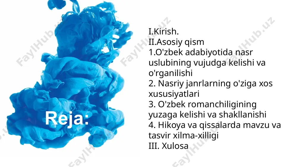 ng milliy o‘ziga xosligi va til boyligini aks ettirishga katta e’tibor bergan. vohid abdullayev: o‘zbek adabiyotshunosligida nasriy asarlar tilining xususiyatlarini o‘rganib, ularning uslubiy jihatlarini ilmiy tahlil qilgan. naim karimov: milliy adabiyotshunoslikda nasriy janrlar, ularning shakllanishi va uslubiy rivoji masalalarini o‘rgangan. gulom karimov: o‘zbek nasridagi uslubiy o‘ziga xosliklarni, yozuvchi ijodiy laboratoriyasi va nasrning ijtimoiy-falsafiy mazmunini tadqiq qilgan. ozod sharafiddinov: o‘zbek nasrining uslubiy xususiyatlarini, milliylik va zamonaviylik masalalarini tahlil qilishda faol bo‘lgan. tohir malikov: o‘zbek nasridagi modernizm, psixologizm va boshqa uslubiy yo‘nalishlarni o‘rganib, ular bo‘yicha nazariy tadqiqotlar olib borgan. ushbu olimlarning ilmiy ishlari nasrni estetik, tilshunoslik va ijtimoiy nuqtai nazardan tahlil qilishda muhim ahamiyatga ega. tadqiqot obyekti: oʻzbek adabiyotida nasriy janrlarning uslubiy xususiyatlari, ularning ijtimoiy madaniy konteksdagi oʻrni tadqiqot maqsadi: oʻzbek nasrining uslubiy xususiyatlarini aniqlash, uning shakllanishi va rivojlanish bosqichlarini tahlil qilish, nasriy janrlarning oʻziga xosliklarini oʻrganish. part 02 tadqiqot vazifalari: 1. oʻzbek adabiyotida nasr uslubining shakllanishi va rivojlanish jarayonini tahlil qilish. …
