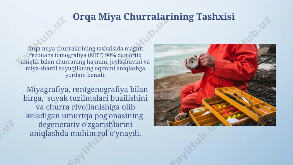 ajada, taxminan 70% ga kamaytirishi mumkin. sog'lom turmush tarzini olib borish, shu jumladan, muntazam jismoniy mashqlar, to'g'ri ovqatlanish va chekishdan voz kechish, orqa miya churralarini oldini olishda muhim rol o'ynaydi va umumiy sog'liqni saqlashni yaxshilaydi. jarrohliksiz davolash usullari jarrohliksiz davolashda endoskopik usullar, masalan, artroskopiya, 3-5 mm li asboblar yordamida minimal invaziv operatsiyalarni amalga oshirish imkonini beradi va tiklanish davrini qisqartiradi. orqa miya churralarida og'riqni boshqarish uchun 80% hollarda konservativ davolash, shu jumladan, fizioterapiya, dorilar va epidural in'ektsiyalar samarali bo'ladi. orqa miya churrasining alomatlari orqa miya churrasi bilan og'rigan bemorlarda l4-l5 yoki l5-s1 segmentlarining shikastlanishi natijasida oyoqning pastki qismidagi og'riq va paresteziya 80% hollarda kuzatiladi. orqa miya churrasining belgilari orasida taxminan 30-50% hollarda siyish va najasni ushlab turish funksiyasining buzilishi, ya'ni siydik va najas tutmaslik holatlari uchraydi. shoshilinch jarrohlik amaliyoti shoshilinch jarrohlik amaliyotlari ko'pincha 2 soatdan kam vaqt ichida, bemorning hayotiga xavf soladigan holatlarni bartaraf etish uchun, masalan, ichki qon ketishini …