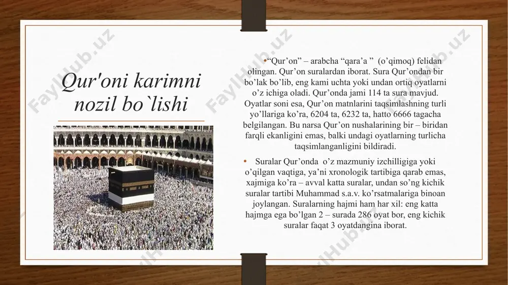 noslar faqat payg’ambar so’zlarigina hadis deb, boshqalarnikini esa xabar ataganlar. shu boisdan ham payg’ambar hadislarini to’lovchilarga muhaddis, boshqa tarix, qissa kabilarni naql qiluvchilarga axboriy deyilgan. qur'on yuqorida ta'kidlaganidеk, 114 ta suraga, suralar esa ko`p yoki oz miqdordagi oyatlarga bo`lingan (sura bandlari). suralar yaratilgan vaqti va joyiga ko`ra ikkiga: 1)makka suralariga (610-622 yillar,90sura); 2)madina suralariga (622-632 yillar,24sura); hadislarni to`planishi hadis – islomda qur’ondan keyingi muqaddas manba hisoblangan. bunda muhammadning hayoti, faoliyati va ko’rsatmalari, uning diniy, axloqiy dasturlari ham o’z ifodasini topgan. muhammad biror gap aytgan yoki ma’lum ishni qilib ko’rsatgan bo’lsa, yohud boshqalarning qilayotgan ishini ko’rib uni man etmagan bo’lsa, shu uch holatining har biri hadis deb atalaveradi. ma’lumki, hadislarda islom ahkomlari, ya’ni farz, vojib, sunnat, mustahab, halol, harom, makruh, muboh, kabi amal turlaridan tashqari, axloq – odobga oid maqol, qimmatli hikmatli gaplar ham qamrab olingan. hadislarda ibodatning tartib qoidalari va ularni astoydil bajarishga da’vat etish bilan birga insoniy fazilatlar keng …