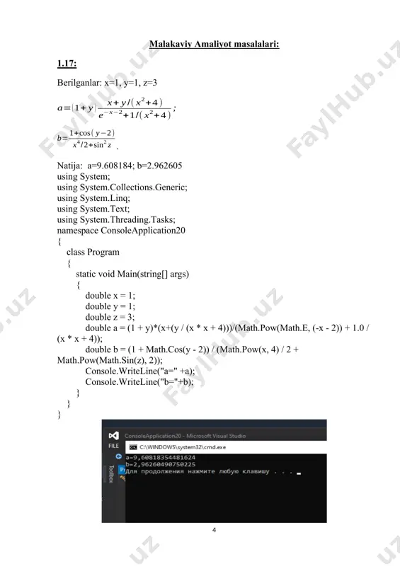 0; i--, j--) { if (board[i, j] == 1) { return false; } } for (int i = row + 1, j = col - 1; i = 0; i++, j--) { if (board[i, j] == 1) { return false; } } // barcha tekshiruvlar o'tdi, shuning uchun bu yerga farzin qo'yish xavfsiz return true; } static void printboard(int[,] board) { for (int i = 0; i , va maydonlarini o‘z ichiga oladi. berilgan n o‘lchamidagi bloknot turidagi massiv yaratilsin va quyidagi amallar bajarilsin: a) massiv odamning tug‘ilgan sanasining o‘sishi bo‘yicha tartiblansin; b) klaviaturadan telefon nomeri kiritilgan odam haqidagi ma’lumot chop etilsin; d) tug‘ilgan oyi klaviaturadan kiritilgan songa mos keluvchi odamlar haqidagi ma’lumot chop etilsin. using system; using system.collections.generic; using system.linq; using system.text; using system.threading.tasks; namespace consoleapplication44 { struct bloknot { public string ism; public string familiya; public string telefon; public datetime tugilgansana; } class program { static void main(string[] …