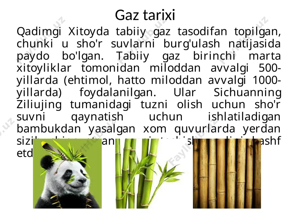 radiatsiya – kimyoviy mexanik – kimyoviy metamorfik - suyultirilgan gaz suyultirilgan gaz - tabiiy gazni chuqur qayta ishlash natijasida asosiy tarkibiy qismi propan-butan aralashmasidan iborat boʻlgan mahsulot boʻlib hisoblanadi. suyultirilgan gaz aholining kommunal ehtiyojlariga va avtomobillarga yoqilgʻi sifatida ishlatiladi. uning oʻrtacha zichligi 0,525 g/sm3 ni tashkil qiladi. dst 20448-90 bo’yicha kommunal-maishiy ehtiyojlar uchun mo’ljallangan suyultirilgan uglevodorodli gaz standarti. gazdan polimer materiallar – polietilen va polivinilxloridlar (pvx) olish mumkin. propan va butandan degidrogenlash yo’li bilan to’yinmagan uglevodorodlar – propilen, butilen va butadienlar olish mumkin. yo’ldosh gazlar odatda neft tarkibida erigan holda bo’lgan va uni qazib olishda ajralib chiqadigan yo’ldosh gazlar ham tabiiy gazlar jumlasiga kiradi. yo’ldosh gazlar tarkibida metan kamroq, lekin etan, propan, butan va yuqori uglevodorodlar miqdori ko’proq bo’ladi. metan metan (kon gazi, botqoq gazi), ch4 — rangsiz, hidsiz gaz. mr. 16,04. suvda kam eriydi, etanol, efir, uglerod (iv)-xlorid va uglevodorodlarda eriydi. metan — to'yingan uglevodorod qatorining dastlabki vakili bo'lib, …