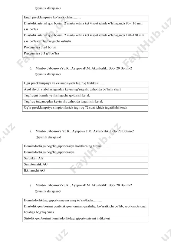 f.m. аkusherlik. bob- 20 bolim-2 qiyinlik darajasi-3 homiladorlikdagi gipertenziyani aniq ko’rsatkichi.......... diastolik qon bosimi periferik qon tomirni qarshiligi ko’rsatkichi bo’lib, ayol emotsional holatiga bog’liq emas sistolik qon bosimi homiladorlikdagi gipertenziyani indikatori sistolik qon bosimi periferik qon tomirni qarshiligi ko’rsatkichi bo’lib, ayol emotsional holatiga bogliq emas oligouriya 9. manba- jabbarovayu.k., ayupovaf.m. аkusherlik. bob- 20 bolim-2 qiyinlik darajasi-2 homiladorlikga bog’liq gipertenziya belgilari........ diastolik arterial qon bosimi tug’ruqda va tug’ruqdan keyin 48 soat ichida oshishi diastolik arterial qon bosimi homiladorlik 20 haftasigacha oshishi diastolik arterial qon bosimi tug’ruq paytida oshishi sistolik arterial qon bosimi 90-110 mm s.u. va undan yuqori bo’lsa 10. manba- jabbarova yu.k., ayupova f.m. аkusherlik. bob- 20 bolim-3 qiyinlik darajasi-3 surunkali gipertenziyani belgilarini ayting? diastolik bosim 90 mm s.u va yuqori homiladorlik birinchi 20 haftasida sistolik bosim 140 mm s.u va yuqori homiladorlik birinchi 20 haftasida homladorlik bo’lmaganda qon bosimi ko’tarilmasligi diastolik bosim 110 mm s.u va yuqori homiladorlik birinchi …