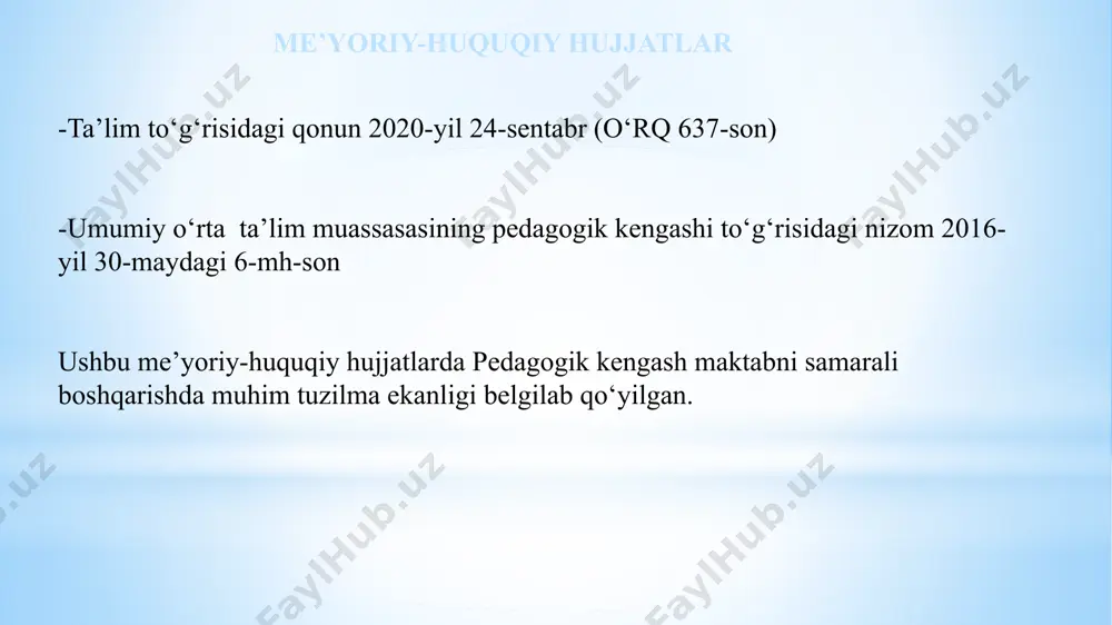 rning tasarruf etilishi bo‘yicha hisobdorlikni oshirish. 2. pedagogik kengash tarkibiga jamoatchilik vakillarini kiritish hamda kengashda erkin va tanqidiy fikrlash muhitini shakllantirish orqali shaffoflikni ta’minlash. 3. pedagogik kengash qarorlari ijrosini ta’minlashni tizimli nazorat va monitoring qilish. maqsad. maktabda pedagogik kengash faoliyatini to`g`ri yo`lga qo`yish orqali boshqaruvni tashkil etish. yaponiya pedagogik kengashlarda (kyo‘shokuin kaigi) dars rejalari, baholash tizimi, o‘quvchilar intizomi va maktabdagi turli tadbirlar muhokama qilinadi. kengashlarda yangi g‘oyalar va yondashuvlar muhokama qilinib, samarali qarorlar qabul qilinadi. kengashlar o‘z faoliyati to‘g‘risida maktab jamoasi va ommaviy axborot vositalariga muntazam hisobot beradi. xorijiy tajribalar pedagogik kengashlari (pedagogisher rat) o‘quv jarayonini tashkil etish va muvofiqlashtirishda, pedagogik masalalarni hal qilishda, o‘qituvchilarning malakasini oshirishda, o‘qituvchilarning natijasini kuzatib borishda, maktabni boshqarishda muhim ro‘l o‘ynaydi. ota-onalar, mahalliy hamjamiyat va boshqa ta’lim muassasalari bilan hamkorlikni rivojlantiradi. germaniya t/r amaldagi holat (o‘zbekiston) amaldagi holat (yaponiya) amaldagi holat (germaniya) taklif 1.pedagogik kengash tarkibi o‘zbekistonda asosan maktab rahbariyati va o‘qituvchilar ishtirok etadi yaponiyada …