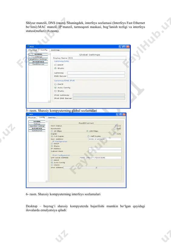 ting. “e” dan boshlanuvchi barcha buyruqlarni chiqarib beradi. en? ni kiriting,diqqat qiling! “en” harfi bor buyruqlarni chiqarib beradi. enable buyrug‘ini kiriting. customer router#> belgisi taklifi sizni exec foydalanuvchisining imtiyozli buyruq komandasiga kirganingizdan dalolat beradi. 3-qadam. cisco ios komandasini tez chaqriahning klavishli kombinatsiyasini o‘rganish. ma’lum bir komandaga tegishli bo‘lgan harflarni kiritish va tab tugmasini bosish orqali buyruq qatorida avtomatik tarzda butun komanda chiqib keladi. c ni customer router # taklifiga kiriting va tab tugmasini bosing. c harfi hech qanday komandaga xos bo‘lmagani uchun hech narsa sodir bo‘lamaydi. c harfiga onf ni qo‘shing va tabni bosing. bu harflar unikal bo‘lgani uchun va configure komandasi buyrug‘ini butunlay aks ettiradi, endi, configuredan keyin? belgisini kiriting. ekranda configure komandasining parametrlari va sozlamalari ro‘yxati chiqadi. ni chiqarish configure komandasiga qo‘shish mumkin bo‘lgan boshqa parametrlar iosda yo‘qligini bildiradi. ushbu misol ko‘rsatadiki, cisco ios komandasi buyrug‘ida terminal bilan birgalikda configure komandasi birgalikda qo‘llanilishi mumkin: configure ,terminal. 4-qadam. customer …