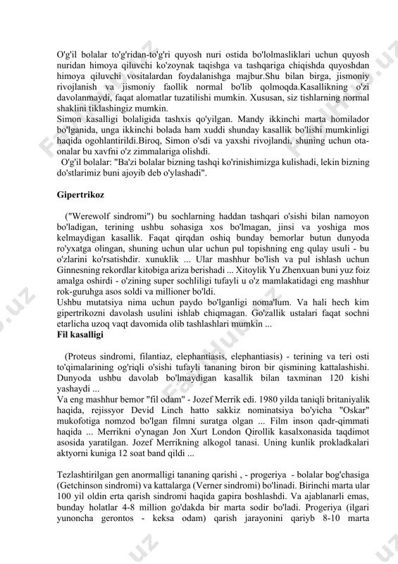 arjima qilingan gemikraniya deb atadi. ushbu atamadan "migren" so'zi keldi. 90-yillarda. yigirmanchi asrda migren asosan genetik omillarga bog'liq ekanligi aniqlandi. migrenlarni meros qilib olish uchun javob beradigan bir qator genlar aniqlandi. asl nusxasi olingan eka_tyryshkina tabiatning xatolari: noyob kasalliklarga chalingan odamlar. boshqa kuni bu erda kasal bo'lib qoldim, har doimgidek, biz faqat tashrif buyurishimiz kerak, men kasalman! mening kasalligim hodisalarni rejalashtirishga javob beradi, lekin biron narsa qilish uchun bo'g'ilishlar paydo bo'ladi, lekin bu ishga javob bermasligi yaxshi. umuman olganda, mening kasalligim oddiy emas) va endi men kech uy sharoitida kasal bo'lib qoldim, barcha ishlarni qayta ko'rib chiqdim, qayta o'qib chiqdim va barcha qiziqarli saytlarni aylanib chiqdim, to'satdan men sayyoramizdagi eng kam uchraydigan kasalliklar haqida bilaman deb o'ylamagan edim va siz juda qiziqarli va hayratlanarli narsani bilasiz !!! gemolakriya ("qonli ko'z yoshlar") millionga bitta odamda kuzatiladi, ko'zdan suyuqlik o'rniga qon to'satdan ko'zdan oqib chiqa boshlaydi va bu taxminan bir soat davom …