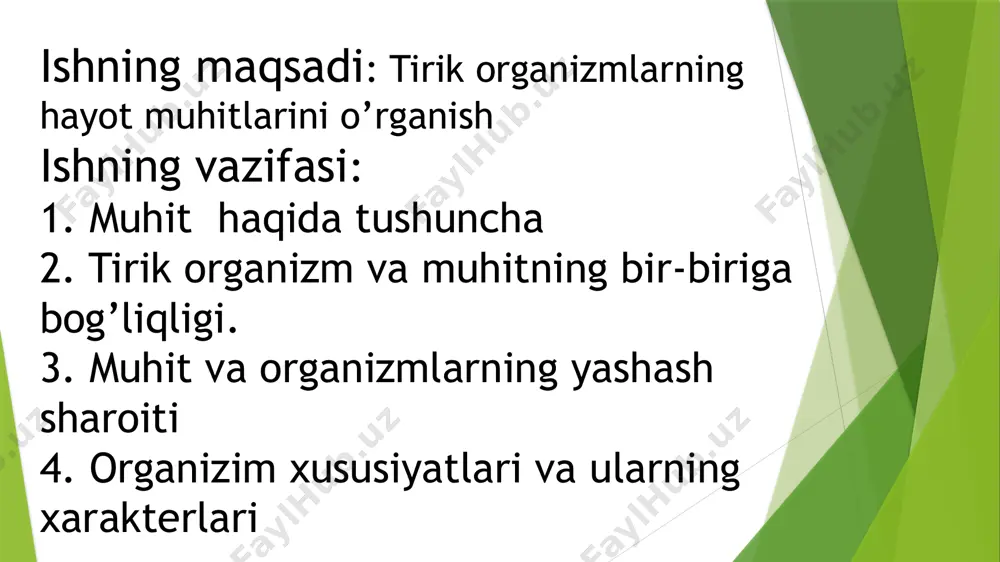 o‘tkazib, ularni evolyutsion taraqqiyot davomida o‘ziga moslashtirib olgan. bular orasida organizmlaming soni va biomassasini tartibga solib turuvchi omillar borki, ma’lum bir maydonda organizmlaming ko‘p yoki oz bomishi ana shu omillarga bog'liq. masalan: choldagi hayvonlar soni u erda suvning mavjud bomishiga bog’liq, suvda yashaydigan aerob organizmlaming miqdori o‘sha suvda erigan kislorodning miqdoriga bog‘liq va hokazo. 2. biotik omillar - tirik tabiatga tegishli omillar bo‘lib, ular asosan uch guruhni; fitogen (o‘simliklar), zoogen (hayvonlar) va mikrobogen (mikroorganizmlar) omillami o‘z ichiga oladi. bu omillarga"organizmlaming o'zaro ta’sir shakllari kiradi. har bir organizm qaysi muhitda yashashidan qat’iy nazar doimo boshqa organizmlaming ta’sirida boladi va o‘zi ham ularga ta’sir o‘tkazib turadi, ya’ni barcha tirik organizmlar bir-biri bilan doimo o‘zaro ta’sirda boladi. bu ta’sir turli organizmlar o’rtasida turlicha namoyon boladi. masalan, o’simliklar o‘simlikxo‘r hayvonlarga em boladi, o‘txo‘r hayvonlar yirtqichlarga o'lja boladi,xo‘jayin organizmi parazit uchun, yirik o‘simliklar esa ular tanasiga chirmashib yashovchi epifitlar uchun yashash muhiti sifatida ta’sir ko‘rsatadi. …