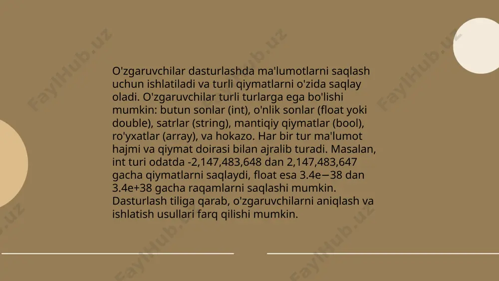 parametr2)` kabi yoziladi. turli dasturlash tillarida funksiyalar va parametrlarning turli sintaksislari mavjud. masalan, python tilida funksiyalar `def` orqali aniqlanadi. funksiyalarni to'g'ri chiqarish va ishlatilishi dasturning samarali va sodda bo'lishini ta'minlaydi. o'zgartirishlar va qayta ishlatiluvchanlik kodni optimallashtirishga yordam beradi. ... t.me/slaydai_bot 10. kiritish-chiqarish (i/o) kutubxonalari kiritish-chiqarish (i/o) kutubxonalari kompyuter tizimlarida ma'lumot almashishni ta'minlaydigan dasturiy ta'minot komponentlaridir. ushbu kutubxonalar turli qurilmalardan ma'lumotlarni qabul qilish yoki ularga ma'lumotlar uzatishda ishlatiladi. masalan, c dasturlash tilida `stdio.h` kutubxonasi tez-tez ishlatiladigan i/o operatsiyalarini, masalan, `printf` va `scanf` funksiyalarini taqdim etadi. linux operatsion tizimida esa `unistd.h` va `fcntl.h` kabi fayllarni boshqarish uchun ishlatiladigan kutubxonalar mavjud. ma'lumotlar uzatilishidagi tezlik va samaradorlik ushbu kutubxonalar tomonidan aniqlanishi mumkin. i/o operatsiyalari, odatda, tizim resurslarining samaradorligini oshirish uchun buferlash texnikalaridan foydalanadi. ... t.me/slaydai_bot kodni modullashtirish dasturiy ta'minotni tashkil etishda muhim yondashuvdir. modullashtirish orqali kod kichik, boshqariluvchi qismlarga ajratiladi, bu esa o'qilishi va xarid qilishni osonlashtiradi. modul — bu mustaqil ishlab chiqilgan va …