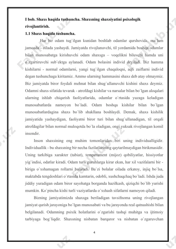 iqlash. bu xulq - atvorni oldindan ko`ra olish imkonini beradi. 2. inson shaxs tuzilishining bir necha qismlarini ajratib ko`rsatishni talab etadi. bu qismlarning yig`indisi inson shaxsini hosil qiladi. hozirgi zamon chet el psixologiyasida ikkita omil, ya`ni biologik va ijtimoiy omillarning ta`siri bilan tarkib topgan inson shaxsida ikkita asosiy qismlarni ajratuvchi nazariya ko`zga ko`rinarli o`rinni egallamoqda. inson shaxsi “endopsixik” (ichki) va “ekzopsixik” (tashqi ) a`zolariga bo`linadi, degan fikr ilgari surilgan edi. tabiiy asosga ega bo`lgan “endopsixika” biologik shart - sharoitlarga bog`liq, “ekzopsixika” ijtimoiy omillarga bog`liqdir. ikkala omil nazariyasining xatoligi shundaki, bu nazariya ijtimoiy omil bilan biologik omilni, muhit bilan biologik tuzilishni, “ekzopsixika” bilan “endopsixika” ni mexanik ravishda bir - biriga qarama - qarshi qilib qo`yadi. biroq shaxsning tarkib topishi, tuzilishiga ta`sir qiluvchi tabiiy va ijtimoiy omillar masalasiga yondoshishning boshqa imkoniyatlari ham bor. masalan, shunday tadqiqot o`tkazilgan: tadqiqotda bo`yi 80 - 130 sm. dan oshmaydigan kishilar shaxsining tuzilishida ko`p jihatdan o`xshashlik borligi …