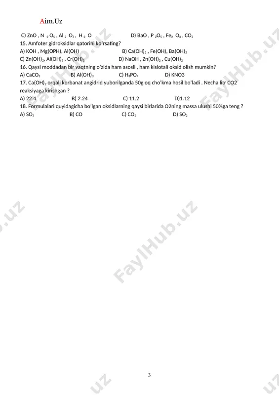 os va kuchli kislatodan hosil bo’lgan tuzlarning suvdagi eritmasining muhiti qanday bo’ladi? a. ishqoriy b. neytral c. kislatali d. normal 7. oltingugurt (iv) – oksidi so2 tarkibidagi kislorod va oltingugirtning massa ulushuni hisoblang? a. 50 % s va 50 % d b.. 25 % s va 75 % d c. 48 % s va 62 % d d. 5 % s va 95 % d 8. al+3ionining elektron formulasi quyidagi qaysi formulaga muvofiq keladi? a. 1s22s22p4 b.1s2 2s22p6 c. 1s2s2p d. 1s22s2 9. qaysi kuchsiz kislota kuchli zahar hisoblanadi? a. fosfat b. sianid c. xlorid d. yodid 10.qaysi qatorda elementlarning nisbiy elektromanfiylik qiymatlari otib borishi tartibida joylashtirilgan? a. bi, sb, as b. f, cl, br, c. n, o,li d. al, si, mg 11.elektron harakati nechta kvant soni bilan aniqlanadi? a. 3 b. 4 c. 2 d. 5 12. kimyoviy bog’lanish turlari nechta? a. 2 b. 5 c. 3 d. 4 …