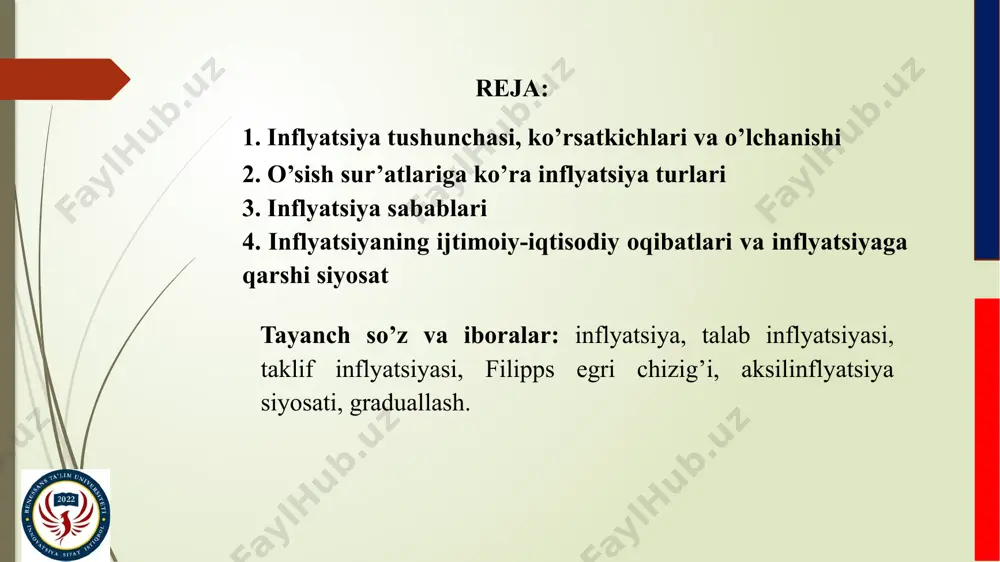 exanizmining kasali, makroiqtisodiy buzilishlar natijasidir. narxlarning o’sishi, pul birligi xarid qobiliyatining pasayishidan tashqari inflyatsiya namoyon bo’lishining quyidagi uch belgisi ham bor. bular: valyuta kurslarining o’zgarishi; kredit berish shartlarining qimmatlashuv va muddatlarining qisqarishi tomon o’zgarishi; kundalik ehtiyoj mollaridan iborat iste’mol savati narxining o’sishi. inflyatsiya narx indekslari - deflyator va iste’mol narxlar indeksi yordamida aniqlanadi. narxlar o’rtacha (umumiy) darajasining nisbiy o’zgarishi inflyatsiya darajasi (narxlarning o’sish sur’ati) deb ataladi. makroiqtisodiy modellarda inflatsiya darajasi quyidagicha ifodalanishi mumkin: bunda: π– yillik inflatsiya sur’ati; p - joriy yilning narxlar indeksi; - o‘tgan yilning narxlar indeksi. inflatsiyani miqdoran o‘lchash uchun makroiqtisodiyotda «70-miqdor qoidasi» deb atalgan usuldan ham foydalaniladi. bu usul narxlarning barqaror o‘sishi sharoitida inflatsiya darajasi necha yilda ikki baravarga oshishini aniqlash imkonini beradi. buning uchun 70 ni yillik inflatsiya darajasiga bo‘lish kifoya: 70 baholar ikki martaga oshishi = ---------------------- uchun zarur yillar soni π misol uchun, yillik inflatsiya darajasi 7 foiz ga teng bo‘lsa, taxminan 10 …