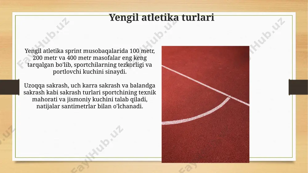 har safar 45-60 daqiqa atletika bilan shugʻullanish organizmning immunitet tizimini mustahkamlab, yuqumli kasalliklarga chidamliligini oshiradi. atletikaning turli turlari (yugurish, sakrash, otish) mushaklarning 80% dan ortig'ini faollashtirib, kuch, chidamlilik va tezkorlik kabi jismoniy ko'rsatkichlarni sezilarli darajada yaxshilaydi. to'siqlar bilan yugurish toʻsiqlar bilan yugurish 110 metr va 400 metr masofalarga, shuningdek, ayollar uchun 100 metr masofaga oʻtkaziladi, bu yerda har xil balandlikdagi toʻsiqlarni engib oʻtish kerak. ushbu sport turi 1890-yillarda paydo bo'lib, 1900-yildan boshlab olimpiada o'yinlarining dasturiga kiritilgan va yillar davomida mashhurligi oshgan. ko'pkurash turlari ko'pkurash musobaqalari turli vazn toifalarida, masalan, 57 kg, 65 kg, 74 kg va boshqalarda o'tkazilib, har bir toifada g'olib aniqlanadi, 2-3 daqiqali raundlar bo'yicha bahslashadilar. ko'pkurashda qo'llaniladigan baholovchi tizim 5 balldan iborat bo'lib, har bir xarakat uchun 0 dan 5 ballgacha beriladi, 10 ball to'plagan kurashchi g'alaba qozonadi. e'tiboringiz uchun rahmat @taqdimot_robot image7.jpg image8.jpg image9.jpg image10.jpg image11.jpg image12.jpg image13.jpg image14.jpg image15.jpg image16.jpg image17.jpg image18.jpg image3.png image4.png