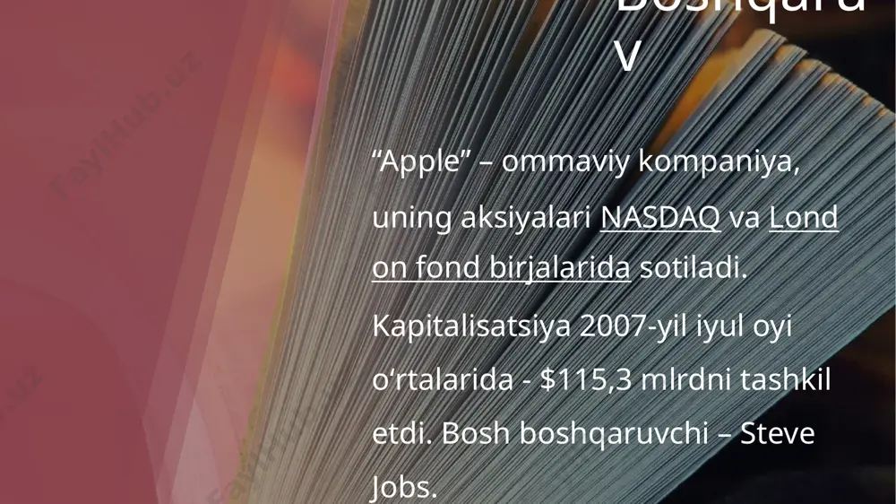 ar amalga oshirilsa, har soniyada apple 5,400 aqsh dollari miqdorida daromad olishi aniq bo‘ladi. 16 16 hukumatning 49 milliard aqsh dollariga teng byudjetiga qarshi 160 milliard aqsh dollari.bu pulni apple kompaniyasi o‘zining yangi hashamatli kompusini qurish uchun sarflab kelmoqda. 17 17 stiv jobs applega qaytib kelganida, kompaniyaning barcha kompyuterlari chindan ham chiroyli ko'rinishini ega bolishini xohlagan. uning maqsadi kompyuterlar egalariga mag'rurlik bag’shlashi va qaraganida yoqimli ko’rinishda bo’lishi edi. o'z qarorlarini qabul qilishda ko’maklashish uchun dizayner jon ayve (u hali ham apple kompaniyasining asosiy xodimi) ga blansh-kartalarini topshirdi. deyarli hamma narsa stivni qoniqtirardi , faqatgina asosiy rang sifatida oqdan foydalanishni istamadi, shuning uchun ayvedan oqdan bo’lak istagan rangini tanlashini so'radi. 18 18 image1.jpeg image2.jpeg image3.jpeg image4.jpeg image5.png image6.png image8.png image9.svg image7.jpeg image12.svg image9.jpeg image10.png image11.jpeg image12.png image15.svg image13.png image17.svg image14.png image19.svg image15.jpeg image16.png image22.svg image17.png image18.png image25.svg image19.jpeg image20.jpeg image21.jpeg image22.png image23.jpeg image24.jpeg image25.jpeg image26.jpeg image27.jpeg image28.jpeg image29.jpeg image30.jpeg
