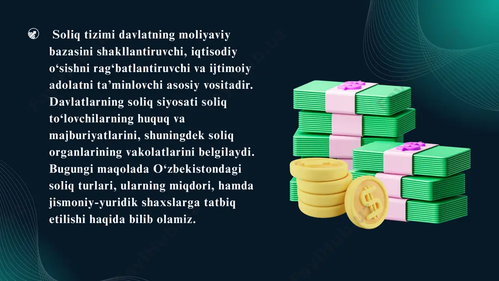 foyda solig‘i — korxona barcha soliqlarni to‘laganidan so‘ng qolgan foydadan to‘lanadi. mulkchilik shakllarining rivojlanishi korxonalarning imkoniyatlarini kengaytirish va bozor infratuzilmasining rivojlanishiga olib keldi. avvalgi tizimda ajratmalar korxonalarning samaradorligini ta’minlash uchun muhim bo‘lsa, endi ular nafaqat davlat korxonalari, balki hamkor tashkilotlar va xorijiy investorlarga ham yo‘naltirilmoqda. ayni vaqtda mamlakatda daromad solig‘i 15%, jismoniy shaxslardan olinadigan daromad soligʻi bunday turdagi soliq soliq solish mumkin bo‘lgan daromadga ega jismoniy shaxslardan olinadi. bugungi kun bu turdagi soliq uchun fuqarolarning daromadidan 12% qismi ushlab qolinadi. yer qa’ridan foydalanganlik uchun soliq va foydali qazilmalarni qazib olganlik uchun maxsus renta solig‘i sanoatning asosiy tarmoqlaridan biri bo‘lgan qazib olish sohasida maxsus renta solig‘i joriy etilgan. ushbu soliq turi foydali qazilmalarni qazib olganlik uchun to‘lanadi. renta solig‘ining miqdori qazib olinadigan resursning turi, hajmi va bozor narxlariga bog‘liq holda hisoblanadi. qonunchilikda ta’kidlanishicha, bu soliq turi davlatga resurslardan oqilona foydalanishni ta’minlash maqsadida joriy etilgan. 2025 yil uchun yer qa’ridan foydalanganlik uchun …