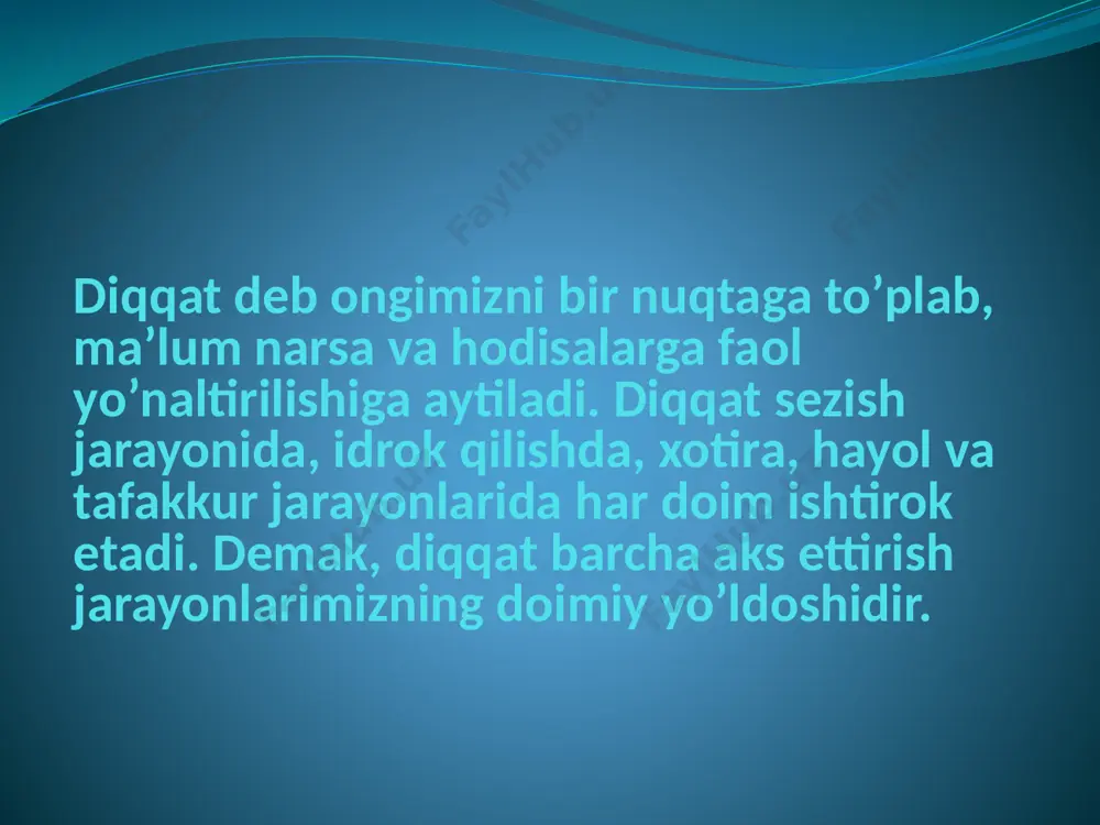 ta esa – subdominanta bo’lib qolishi mumkin. hukmron qo’zg’alish o’chog’i bo’lgan dominanta diqqatimizning ma’lum narsaga yo’naltirilishi va tuplanishining fiziologik asosidir. 3.diqqatning turlari. psixologiyada ikki xil diqqat turi farq qiladi. ulardan biri ixtiyorsiz diqqat bo’lsa, ikkinchisi- ixtiyoriy diqqatdir. ixtiyorsiz diqqat deb to’satdan ta’sir qilgan biror sabab tufayli bizning xohishimizdan tashqari hosil bo’ladigan diqqatga aytiladi. ixtiyorsiz diqqat odamning har turli ehtiyojlari va qiziqishi bilan bevosita bog’liq bo’lgan diqqatdir. ixtiyorsiz diqqatning nerv-fiziologik asosini oriyentirovka yoki tekshirish refleksi tashkil qiladi. ixtiyoriy diqqat deb oldindan belgilangan qat’iy bir maqsad asosida va ongli ravishda diqqatimizni ma’lum narsa hamda hodisalarga qaratilishiga aytiladi. ixtiyoriy diqqatning nerv-fiziologik asosida miya yarim sharlarining po’stida vujulga keladigan optimal qo’zg’alish manbai bilan ikkinchi signallar sistemasining faoliyati yotadi. ixtiyoriy diqqatning yuzaga kelishida nutqning roli g’oyat kattadir. ixtiyoriy diqqat har doim ixtiyorsiz diqqat bilanalmashinib turadi. ixtiyoriy diqqat paytida odam tez charchaydi, chunki ixtiyoriy diqqat odamdan hamma vaqt iroda kuchini sarflashni talab etadi. diqqatning asosiy turlari …