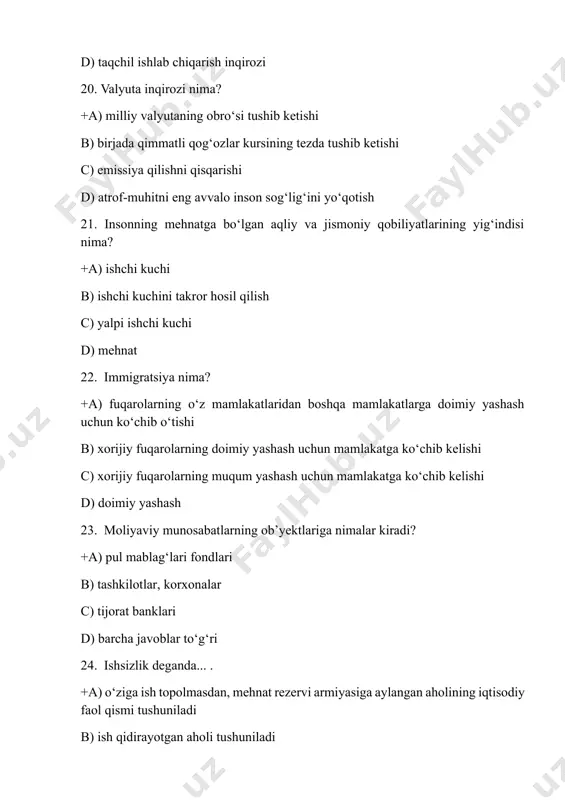 ‘z qadrini yo‘qotadi d) katta investitsiyalar qilishga xavf-xatar oshadi 35. inflyatsiyadan kimlar yutishi mumkin? +a) qarz olgan insonlar b) qat`iy belgilangan daromadlar hisobiga yashovchi insonlar c) sug‘urta egalari, o`z hayotlarini sug‘urta qilganlar d) omonat kassalariga pul qo`yganlar 36. kreditning mazmuni qaysi javobda ko‘rsatilgan? +a) o‘zgalar pul mablag‘ini ma`lum muddatga haq to‘lash sharti bilan qarzga olish va muddati kelganda qaytarish b) o‘z mablag‘ini foiz evaziga qarzga berish c) pul mablag‘laridan haq to‘lash sharti bilan ma`lum muddatda foydalanish d) davlat yoki mahalliy byudjetdan qaytarib berish sharti bilan ajratilgan mablag‘ 37. ko‘chmas mulklar (yer, bino) hisobiga uzoq muddatli ssudalar shaklida beriluvchi qarz mablag‘lari nima? +a) ipoteka krediti b) iste’mol krediti c) tijorat krediti d) davlat krediti 38. bank operatsiyalari … . +a) mablag‘larni jalb qilish va ularni joylashtirish boyicha amalga oshiriladigan operatsiyalar b) olingan va to‘langan foiz summalari boyicha amalga oshiriladigan operatsiyalar c) bank sof foydasini hisoblash boyicha amalga oshiriladigan operatsiyalar d) to‘langan …