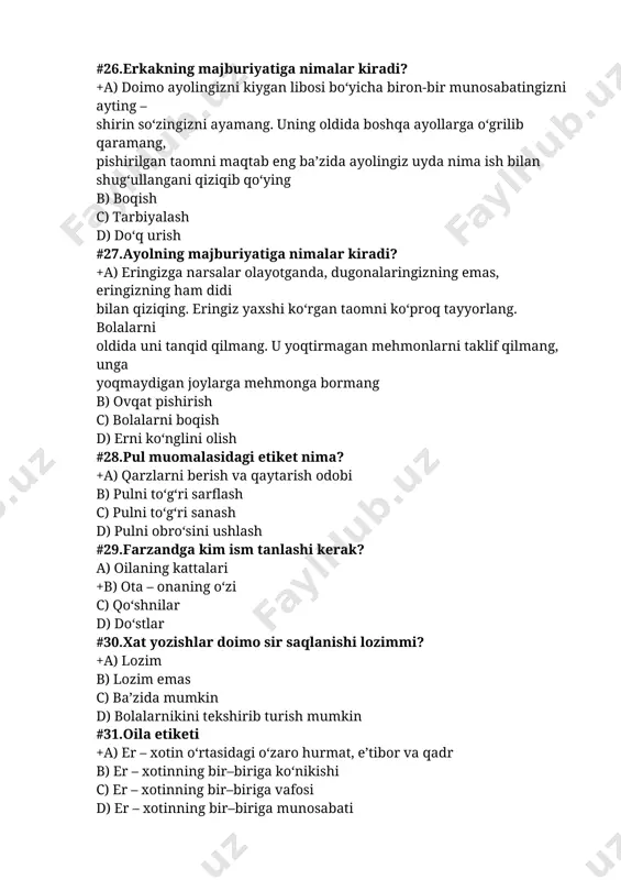 a majlis o‘tkazish +c) davlat rahbarlari o‘rtasida rasmiy munosabatlarni mustahkamlash uchun o‘tkaziladigan, barcha davlatlarda umumiy qabul qilingan shakllaridan biri d) davlat rahbarlari o‘rtasida musobaqa o‘tkazish #34.diplomatik hujjatlarga nimalar kiradi? a) diplomatik hujjatlarga davlat arboblarining oilaviy hujjatlari kiradi b) diplomatik hujjatlarga yozishmalar kiradi +c) diplomatik hujjatlarga davlat arboblarining nutqlari, notalar, maktublar va memorandumlar kiradi d) diplomatik hujjatlarga video, dvd kassetalar kiradi #35.“diplomatik protokol” nima? +a) “diplomatik protokol” - davlatlararo hamkorlikda munosabatlarning asosiy qoidalari, jumladan suverenitetni hurmat qilish, tenglik, erkinlik, barqarorlik, bir-birini ichki ishlariga aralashmaslik kabi talablarga rioya qilish qoidalari b) “diplomatik protokol” – davlatlarning hamkorlikdagi munosabatlari c) “diplomatik protokol” – davlatlarning hamkorlikdagi kelishuvlari d) “diplomatik protokol” – davlatlarning hamkorlikdagi rejalari #36. kasbiy odob nima? +a) ahloqiy, tamoyil va me’yorlarning kasb-hunar sohasida konkret namoyon bo‘lishi b) kasbga muhabbat c) hamkasabalarga hurmat d) har kasb egasining o‘z jamoasidagi ahloqiy munosabatlari #37. inson haqida yoqimli taassurot uyg‘otadigan, milliy urf-odatlarga asoslangan chiroyli hatti-harakatlarni ifodalovchi tushuncha …