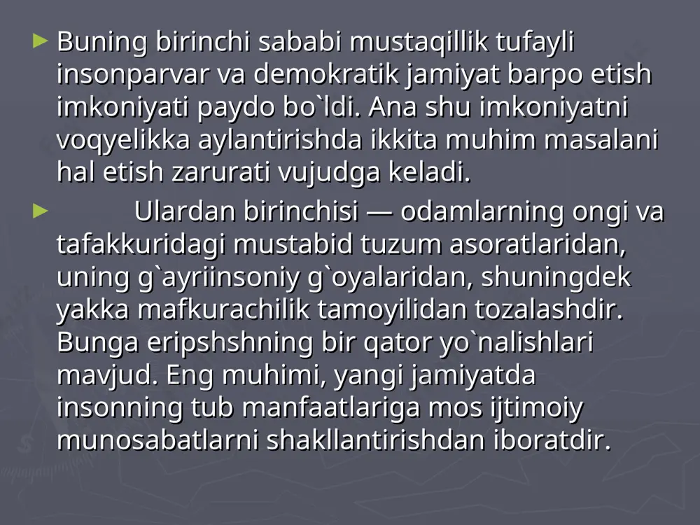lgan uchlikka amal qilmagan, uni o`zida aks ettirmagan yoxud uni rivojlantirishga va mustahkamlanishga yo`nalmagan g`oya o`ziga milliy g`oya maqomini ham olaolmaydi. chunki, ana shu uchlikning millat mavjudligining ham real ifodasi hisoblanadi. milliy g`oya milliy ong va milliy tafakkurning oliy ko`rinishi, uning reallikka aylanishining belgisi hisoblanadi. ularning o`zaro ta`siri natijasidagina milliy o`zlikni anglash omili shakllanadi va millatning «men»i yuzaga keladi. millat o`zo`zidan shakllanmaydi, balki u jamiyat tarixiy taraqqiyotining mevasidir. uning to`laqonli millat maqomiga yetishi uchun har bir etnik birlik milliy tilning, madaniyat, urfodat, an`analar, qadriyatlardagi o`ziga xosligini ya`ni, milliy o`zligini anglashi lozim1. ana shu o`ziga xoslik orqali milliy g`oya namoyon bo`ladi. milliy g`oya o`ziga xoslikni mustahkamlaydi, va uning millat vakillari dunyoqarashiga aylanishida asosiy omil bo`lib xizmat qiladi. bu jarayon, o`z navbatida, milliy totuvlik hamjihatlikning vujudga kelishiga olib keladi. shu ma`noda uning eng muhim tamoyili millatni birlashtirishga qaratilganligi hisoblanadi. milliy royaning yana bir tamoyili, uning milliy urfodat, an`ana va qadriyatlarni mustahkamlash va …