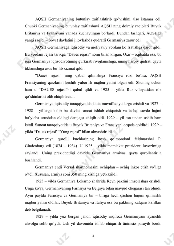ya esa bu paktning xalqaro kafillari deb belgilanadi. 1929 – yilda yuz bergan jahon iqtisodiy inqirozi germaniyani ayanchli ahvolga solib qo’ydi. uch yil davomida ishlab chiqarish tinimsiz pasayib bordi. iqtisodiyotning chet el moliyaviy yordamiga qaramligi, ayni paytda inqiroz davrida chet el sarmoyasining qaytarib olina boshlashi, ichki bozorning torligi, sobiq antanta davlatlariga tovon to’lash, moddiy resurslar manbai bo’lish, mustamlakalarning yo’qligi kabi omillar buning sababi edi. iqtisodiyotning keskin beqarorlashuvi siyosiy inqirozni ham muqarrar qilib qo’ydi. 1928 – yilda reyxstagga o’tkazilgan saylovda hech bir siyosiy partiya mutlaq ko’pchilik ovoz ola olmagan edi. shuning uchun gsdp, katolik markaz partiyasi (78 o’ringa ega edi) hamda nemis milliy partiyasi (73 o’ringa ega edi) vakillaridan iborat koalitsion hukumat tuzilgan va katta koalitsiya homi bilan faoliyat yurita boshlagan edi. biroq koalitsiya 1930 – yilning martida tarqalib ketdi. g. myuller hukumati iste`fo berishga majbur bo’ldi. prezident gindenburg katolik markazi partiyasi arbobi g. bryuningni kansler etib tayinladi. biroq csdp oppozitsiyaga …