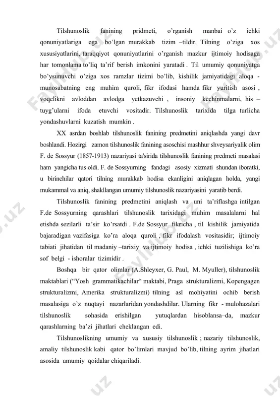 lik maktablari (“yosh grammatikachilar“ maktabi, praga strukturalizmi, kopengagen strukturalizmi, amerika strukturalizmi) tilning asl mohiyatini ochib berish masalasiga o’z nuqtayi nazarlaridan yondashdilar. ularning fikr - mulohazalari tilshunoslik sohasida erishilgan yutuqlardan hisoblansa–da, mazkur qarashlarning ba’zi jihatlari cheklangan edi. tilshunoslikning umumiy va xususiy tilshunoslik ; nazariy tilshunoslik, amaliy tilshunoslik kabi qator bo’limlari mavjud bo’lib, tilning ayrim jihatlari asosida umumiy qoidalar chiqariladi. til - ijtimoiy hodisa. til jamiyat taraqqiyoti jarayonida yuzaga kelgan. til - tabiiy, biologik hodisa emas ; tilning mavjud bo’lishi va uning taraqqiyoti tabiat qonunlariga bo’ysunmaydi. til butun jamiyat tarixi jarayonidagi tadrijiy davrlarning mahsuli sifatida umuminsoniy manfaatga xizmat qiladi . tillarning shakllanishi va taraqqiy qilishi til kishilar o’rtasidagi munosabatning eng muhim quroli bo’lib , jamiyat taraqqiyoti jarayonida shakllangan va umum insoniy manfaatlarga hizmat qiladi . tilning paydo bo’lishi va rivojlanishi insoniyat jamiyati bilan mustahkam bog’liq . til insoniyat tarixi qadar qadimiydir . xalq qardosh qabilalar ittifoqi sifatida shakllangan murakkab tarixiy uyushmadir. xalqning …