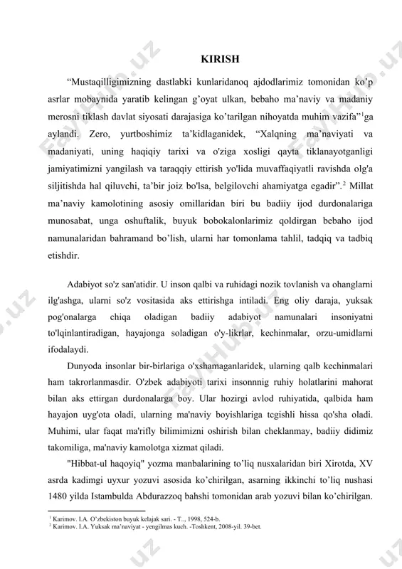 turkiy adabiyotda didaktik yoki pand - nasihat ruhidagi asarlar alohida mavqega ega ekanligi sir emas. islomdan oldingi davrlarga mansub bo’lgan qadimgi og’zaki va yozma ijod namunalarida ham inson xulqi va ma’naviyatiga oid qarashlar turli shakllarda o’z ifodasini topganligi shu davr adabiyotiga oid manbalarda qayd etilgan. xususan, mahmud koshg’ariyning “devonu lug’otit turk” asari tarkibida keltirilgan ko’plab adabiy parchalarda pand-nasihat mazmuni ifodalanganligi, ularning aksariyati islomdan oldingi davrlarning ijodiy mahsuli ekanligi bir qator ilmiy tadqiqot va o’quv adabiyotlarda e’tirof etiladi [5, 6]. biroq tan olish lozimki, turkiy adabiyotda tom ma’nodagi didaktik adabiyotning shakllanishi bu tilda so’zlovchi xalqlar orasida islom madaniyatining yoyilishi bilan bog’liqdir. qur’on oyatlari hamda payg’ambar (a.s.) hadislarining mazmun-mohiyatini sharhlash, keng jamoatchilikka yetkazish, tafakkuriga singdirish, shu yo’l bilan mukammal axloq egasini tarbiyalashning asosiy vositalaridan biri sifatida pandnoma ruhidagi adabiyot x-xi asrlarda madaniyat tarixining o’ziga xos hodisasi sifatida shakllandi va rivojlandi. bu borada tasavvuf ta’limotining turkiyzabon xalqlar madaniyatiga kirib kelishi ham muhom omil …