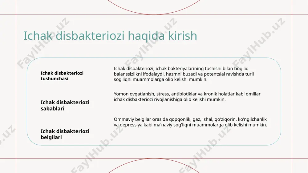 hini ta'minlaydi, turli mikrobionni qo'llab-quvvatlash va dysbiosis kuchini kamaytiradi. yog' va sarimsoq kabi probiotik bog'lovchilarni va prebiotik manbalarni qo'shish, ichki sog'liqni tiklashga yordam berishi mumkin. antibiotiklar ichak mikrobiotasiga ta'siri 1 2 3 ichak mikrobiotasiga kirish antibiotiklar buzilishi uzun muddatli ta'siri ichak mikrobiotasi, ichakda yashovchi trillar milyardlari, tuzumlar va umumiy sog'liqni tashkil etishda muhim rol o'ynaydi. antibiotiklar ichak mikrobiotasining tajribasini buzishi mumkin, foydali bakteriyalarning kamayishi va potentsial sog'liqni muammo yuzaga kelishi. uzun muddatli antibiotikdan foydalanish ichak mikrobiotasini doimiy o'zgarishga olib kelishi mumkin, sifatida semizlik va avtoimmun kasalliklar kabi holatlarning riskini oshirishi. ichak-bosh o'rmon tizimi va ichak disbakteriozi 1 2 3 ichak-bosh o'rmon tizimi muloqotlari ichak disbakteriozi vazifasi oziq-ovqatning ichak-bosh o'rmon tizimiga ta'siri ichak va bosh o'rmonlar o'rtasidagi ikki tomonlama muloqot, ruh holati, behavior va kognitiv funktsiyalar ustida tasir ko'rsatadi, neyronal, gormonal va immun yo'llar orqali. ichak mikrobiotasidagi tenvirsizlik, yani disbakterioz, ichak-bosh o'rmon tizimini buzishi orqali depressiya va anxieti kabi turli nevrologik …