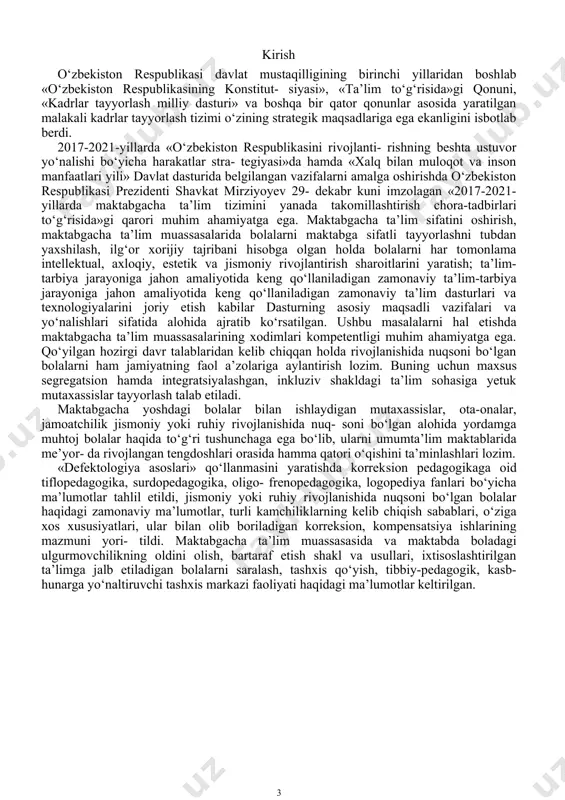 ani kabi, defektologiya fanining ham o‘z predmeti, maqsadi, vazifalari mavjud. defektologiya fanining mavzu bahsi, predmeti alohida yordamga muhtoj bolalardir. defektologiya fanining vazifasi - bola rivojlanishidagi kamchiliklarning kelib chiqish sabablari, turlarini, bolalarning psixofiziologik rivojlanishidagi xususiyatlarini o‘rganish, shular, asosida ular uchun segrega- tsion (differensial) yoki integratsion inkluziv sharoitda ta’limni tashkil etish, ularning ta’lim-tarbiyasi bilan shug‘ullanishdir. defektologiya fanining maqsadi - alohida yordamga muhtoj bolalar uchun differensial yoki inkluziv ta’limni tashkil etish uchun zarur shart-sharoitlarni o‘rganish, ulardagi psixofiziologik kam- chiliklarni iloji boricha bartaraf etish, tuzatish yoki bilinmaydigan holga keltirish usullarini belgilash va amaliyotda tatbiq etish yo‘llarini tarbiyachi hamda o‘qituvchilarga ko‘rsatib berishdan iborat. bola rivojlanishidagi kamchiliklar har xil bo‘ladi, ularning ba’zilari batamom bartaraf etiladi, ba’zilari bir qadar tuzati- ladi, korreksiyalanadi, bilinmaydigan holga keltiriladi, boshqalari esa kompensatsiyalanadi. masalan, bola nutqida og‘ir nuqson bo‘lsa, ilk yoshda to‘g‘ri tashkil etilgan logopedik chora-tadbir- lar ta’sirida ularni to‘liq bartaraf etish mumkin. boladagi nuqson markaziy asab sistemasidagi organik kamchiliklar natijasida pay- …