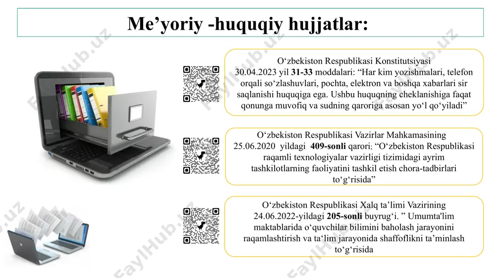 ar tashkil etilib kelinmoqda. avstraliyada axborotlar xavfsizligi bo‘yicha muntazam ravishda tekshiruvlar o‘tkaziladi va o‘qituvchilarni axborot xavfsizligi qoidalariga rioya qilishga o‘rgatiladi. maktabimizda pedagoglarimizga axborotlarni olish, qayta ishlash, saqlash va uzatish bo‘yicha seminarlar tashkil etilishni takomillashtirishimiz kerak. 2. maktablar barcha ma’lumotlarni bir qancha raqamli platformalarda saqlashadi singapurda maktablar barcha ma’lumotlarni raqamli platformalarda saqlashadi va o‘qituvchilar, o‘quvchilar hamda ota-onalar uchun ochiq qilib qo‘yishadi. bu usul orqali axborotlar tez va samarali tarqaladi. maktabda barcha ma’lumotlarni yagona e-maktab.uz raqamli platformasida saqlash va o‘qituvchilar, o‘quvchilar hamda ota-onalar uchun ochiq qilib qo‘yishimiz yanada takomillashtirishimiz kerak. 8 xulosa: xulosa qilib shuni aytish mumkinki, zamonaviy pedagoglar albatta o‘z mutaxassisligi bo‘yicha zamonaviy bilim, ko‘nikmalar, akt va media savodxonlik darajasiga ega bo‘lishi kerak. xxi asr o‘quvchilariga akt dan foydalanish etikasini va madaniyatini ham shakllantirishda bevosita maktab va pedagoglarimiz o‘rni katta deb hisoblayman. buning uchun avvalo pedagoglar zamonaviy mediasavodxon bo‘lishlari kerak. bu yo‘lda pedagoglar o‘z ustlarida yanada izlanishlari va axborotlarni doimiy kuzatib …
