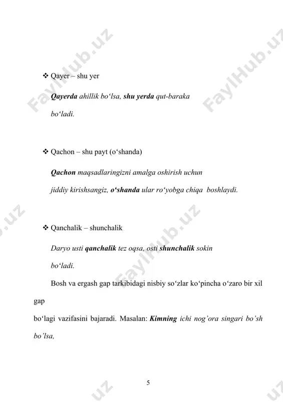 shi bilan ifodalangan nisbiy so‘zga -ki yuklamasi qo’shiladi. masalan: ikki ko‘zim o‘rnidan irg‘ib chiqqan, vujudimda nechtaki suyak bo’lsa, hammasi singan. [footnoteref:7] [7: x. to‘xtaboyev “shirinqovunlarmamlakati”, 159-bet] ergash gapning egasi vazifasida ishlatilgan “kim” so’roq olmoshi ma’noni kuchaytirish va shu so’zga diqqat jalb qilinganini ko’ rsatish uchun ”kimki”, “kimda- kim” shaklida qo’llanadi. bosh gap tarkibidagi nisbiy so’z esa kishilik yoki ko’rsatish olmoshlari bilan ifodalanadi. masalan: “kimki chin yurakdan istaklarini bildirsa, u ,albatta, niyatiga yetadi”, - dedi farishta mim. [footnoteref:8] [8: r. nabiyeva “farishta mim sarguzashtlari ”, 26- bet] ayrim hollarda ega ergash gap tarkibidagi nisbiy so’z shaxsga ishora qiluvchi so’roq olmoshi bilan, bosh gap tarkibidagi nisbiy so’z esa ko’rsatish olmoshi bilan ifodalanadi. endigi navbatni kesim ergash gapli qo’shma gaplardagi bosh va ergash gapni bog’lovchi nisbiy so’zlarga beramiz. bosh gap tarkibidagi kesim vazifasida qo'llangan ko'rsatish olmoshining ma’nosini izohlab keluvchi ergash gap kesim ergash gap deyiladi.kesim ergash gap bosh gapga ko'rsatish olmoshi tarkibidagi -ki …