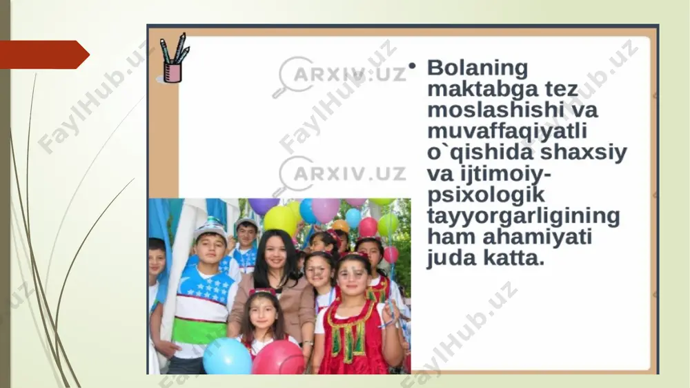 liklar yuzaga keladi. "o’quvchining o’ziga-o’zi beradigan bahosi, asosan, to’g’ridan-to’g’ri o’qituvchining beradigan bahosiga va turli faoliyatlaridagi muvaffaqiyatlariga bog’liq. kichik maktab yoshidagi o’quvchilarda o’z-o’ziga beradigan baholari turlicha - yuqori, adekvat – mos yoki past bo’lishi mumkin. bu yoshdagi bolalarda mavjud bo’lgan ishonuvchanlik, ochiklik, tashqi ta’sirlarga beriluvchanlik, itoatkorlik kabi xususiyatlari ularni shaxs sifatida tarbiyalash uchun yaxshi imkoniyat yaratadi. kichik maktab yosh davrini bolaning turli faoliyatlarda muvaffaqiyatga erishishini belgilab beruvchi asosiy, shaxsiy xususiyatlarni yuzaga kelish va mustahkamlash davri deb hisoblash mumkin. image1.png image2.png image3.png image4.png image5.png image6.png image7.png /docprops/thumbnail.jpeg