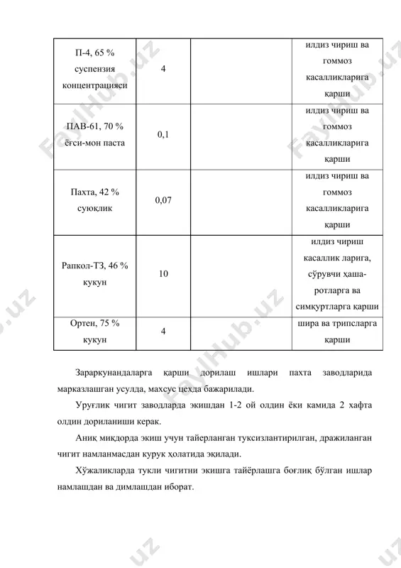 таъсири давоми эритма 125л. эритма 200л. 5 ойгача которон 0.9-1.2 1.3-1.7 3 ойгача прометрин 1.3-1.7 2.0-2.5 котофор 0.8-1.2 1.2-1.8 толиун 1.0-1.5 1.5-2. 0 гербицидлар пуштага маълум бир кенгликда сепилган далаларни қультивация қилишда, дори сепилган кенгликни бузиб юбормаслик керак. агар сепилгандан кейин жала қуйган бўлса тупроқ етилиши билан қультивация қилиш лозим, акс ҳолда кўчат сийрак бўлиб қолиши мумкин. экиш билан бирга ўғит сошниклар ёрдамида чигит экилган қатордан 5-7 см енга 12-15 см чуқурликкача солинади. чигит 15 апрель ва 1 май ўртасида бир текис, соғлом ундириб олиниши керак, ҳамма ишлар шунга қаратилган бўлиши керак. чигит экилгандан кейин унинг ахволи муттасил ҳар куни кузатилиб борилиши керак. биринчи галда қаткалоқка қарши ўз вақтида кураш чорасини кўриш керак. қаткалоқ 6 кун кечикиб юмшатилганда ҳосилдорликка 27% салбий таъсир этган. кураш чоралари; агар чигит униб чиқмаган бўлса кундалангига 4-5 см чуқурликда зиг-заг бороналар билан бороналаш, ротацион мотига билан ишлов бериш ва қўл (кетмон) билан юмшатиш, сув бериш. …