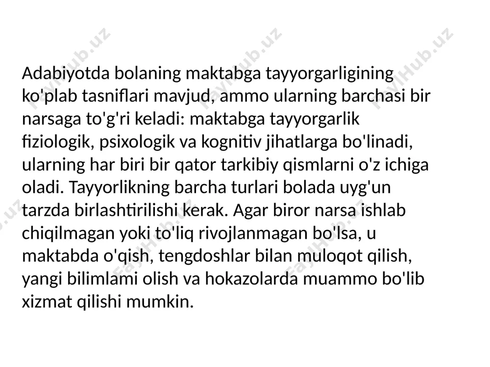 bga jismonan tayyor bo'lishi kerakligini bildiradi. ya'ni, uning sog'lig'ining holati unga ta'lim dasturini muvaffaqiyatli yakunlash imkonini berishi kerak. agar bolaning aqliy va jismoniy salomatligida jiddiy og'ishlar bo'lsa, u sog'lig'ining o'ziga xos xususiyatlarini ta'minlaydigan maxsus tuzatish maktabida o'qishi kerak. bundan tashqari, fiziologik tayyorgarlik nozik vosita ko'nikmalarini (barmoqlar), harakatni muvofiqlashtirishni rivojlantirishni nazarda tutadi bola qalamni qaysi qo'lda va qanday tutishni bilishi kerak. shuningdek, bola birinchi sinfga kirganida, u asosiy giglena me'yorlariga rioya qilish muhimligini bilishi, kuzatishi va tushunishi kerak: stolda to'g'ri turish, turish va hokazo