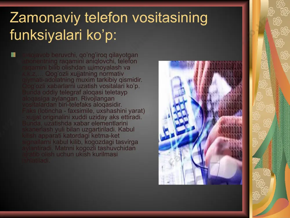 qilish va boshqarishni amalga oshiradi. jamiyatimizda axborotlarni uzatish, kabul kilish, xamda axborotlarni tarkatish uchun turli xil kurilmalar kullaniladi. bu kurilmalarga xisoblash texnikasi, telegraf, gramyozuv, magnitafon yozuvi, televideniye va radioni misol kilib olishimiz mumkin. bu kurilmalarda axborotlarni saklashda va uzatishda ma’lum bir kurinishidagi signallar yordamida amalga oshiriladi. bu signallar uzluksiz va diskret signallarga bulinadi. radio va televideniyedagi, xamda gramyozuvdagi, magnitafon yozuvidagi kullaniladigan signallarning grafik kurinishi uzluksiz kiyshik chizik xolatida uzgaruvchan shaklda bulib, bunday signallarni uzluksiz yoki anolog signallar deyiladi. bunga karama-karshi telegraf va va xisoblash texnikasidagi signallar impuls shaklida buladi va bunday signallarni diskret yoki rakamli signal deyiladi. biz xar bir texnikalaridan, ularda kanday signal kullanishidan kat’iy nazar imkoniyat darajasida foydalanishni istaymiz. informatika soxasida ishlayotgan xodimlar xech bulmaganda axborot vositalarida bir turdagi signalni kullanilishini istaydilar. shuning uchun sifatli bir shakldagi, uzluksiz yoki diskret signal kurilmalarini tanlash va yaratish muammosi payda buldi. uzluksiz va diskret signallarni uzaro takkoslash uchun ularning kuyidagi aloxida …