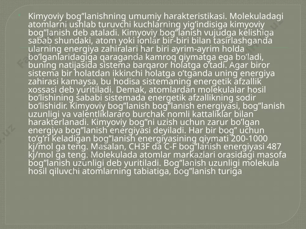 ga moyilligi qattiqroq atom tomonga siljigan bo’ladi. vodorod bog’lanish. musbat zaryadlangian vodorod ionida elektron qavat yo’q, shuning uchun u boshqa atom va ionlarning elektron qavatidan itarilmay balqi bularga tortiladi va bog’lanish vujudga qeladi bunday bog’lanish vodorod bog’lanish deb ataladi. vodorod bog’lanish gaz, suyuqlik va qattiq jismlarda namoyon bo’ladi. uning vujudga kelishi assosiasiyasiga ya'ni, har bir moddaning ikki yoki bir necha molekulasi bir-biriga ta'sir etib agregatlar hosil qilishiga sabab bo’ladi e’toboringiz uchun rahmat image2.gif image3.png image4.png image5.png /docprops/thumbnail.jpeg