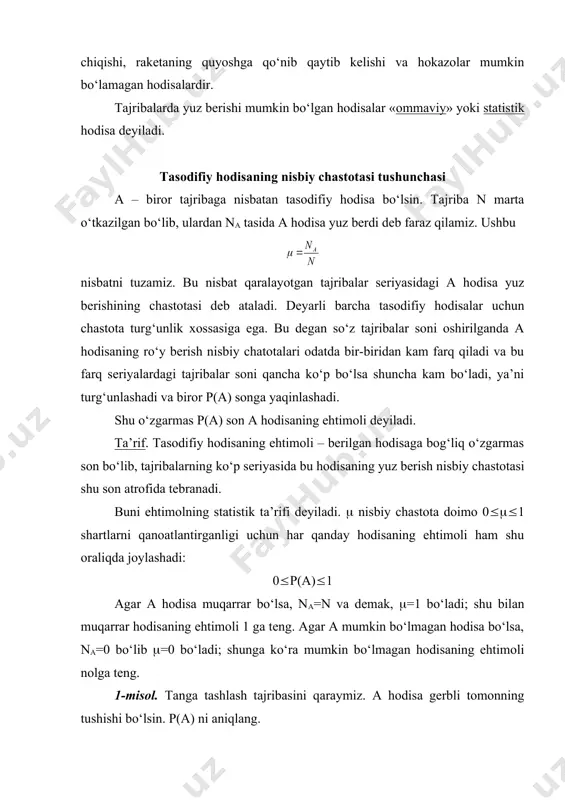 krorlanadi. bundan ko‘rinadiki, a hodisa yuz berishining nisbiy chastotasi ( ning qiymatlari son atrofida tebranadi. demak, p(a)= = bo‘ladi. 2-misol. yashikda 20 ta shar yotibdi: 8 ta oq, 12 ta qora. yashikdan tavakkaliga bitta shar olindi. uning qora shar bo‘lishi ehtimoli nimaga teng? yechish. tajriba juda ko‘p marta takrorlansa sharlarning teng imkoniyatli yekanligini nazarga olsak qora sharning chiqish nisbiy chastotasi taqriban yashikdagi sharlar ichida qora sharlar tashkil qiladigan ulushga teng deb hisoblasa bo‘ladi, ya’ni (= . demak, p(a)= . 3-misol. kub formasidagi o‘yin soqqasi yoqlari 1 dan 6 gacha nomerlangan. o’yin soqqasi tashlanganda 5 raqami tushishi (a hodisa) ehtimolini toping. yechish. agar soqqa bir jinsli materialdan tayyorlangan bo‘lsa, uning yoqlarining tushishi teng imkoniyatli bo‘ladi va p(a)= deb hisoblash mumkin. 4-misol. 36 dastali kartadan bitta karta tortib olindi. chillik turdagi kartaning kelib chiqish ehtimoli qanday? yechish. bunda hammasi bo‘lib 36 mavjud hol bo‘lib, ulardan 9 tasida a hodisa (chillik chiqishi) ro‘y …