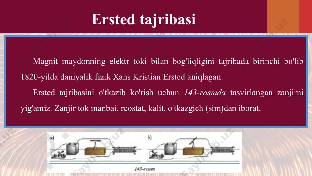 a bog'liq. to'g'ri tok atrofidagi magnit maydonning kuch chiziqlari aylanalardan iborat bo'lib, uning yo'nalishini parma qoidasi orqali quyidagicha tushuntirish mumkin (145-rasm). agar parmaning ilgarilanma harakati tok yo'nalishi bilan bir xil bo'lsa, u holda parma dastasining aylanish yo'nalishi magnit induksiya chiziqlarining yo'nalishini ko'rsatadi. g'altakning magnit maydoni ersted tomonidan tokli o'tkazgichning magnit maydoni kashf etilishi elektromagnetizm sohasidagi tadqiqotlarga turtki bo'ldi. 1820-yilda fransuz fiziklari andre mari amper va dominik fransua arago o'tkazgich (g'altak)dan aylanma holatida tok o'tkazib, bunda to'g'ri tok maydoniga nisbatan kuchli magnit maydoni hosil bo'lishini aniqladilar. image2.jpeg image3.png image4.png image5.png image1.jpeg /docprops/thumbnail.jpeg