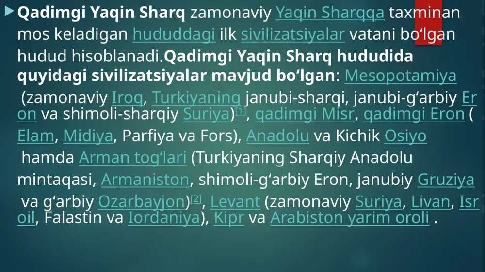 shlangan. sharqning bu ikki muddat oʻrtasidagi soʻnggi yirik eksklyuziv boʻlinishi xix asr oxiridagi diplomatiyada, 1894-1896-yillarda usmonli imperiyasi tomonidan armanlar va ossuriyaliklarning hamidiy qirgʻinlari va 1894-1895-yillardagi birinchi xitoy-yapon urushi bilan sodir boʻldi. bu hududlar britaniya imperiyasining davlat arboblari va maslahatchilari tomonidan „yaqin sharq“ va „uzoq sharq“ deb taʼriflangan. yahudiy podsholigi — isroil-yahudiy podsholigi parchalanishi (mil. av. taxminan 935 yil) natijasida janubiy falastinda barpo etilgan quldorlik davlati. poytaxti — quddus shahri mamlakat iktisodiyotida dehqonchilik bilan bir qatorda chorvachilik ham katta oʻrin egallagan. pul muomalasining oʻsishi, qishloq jamoasining parchalanishi, yermulklarni zoʻrlik bilan tortib olinishi mulkiy tabaqalanishga olib kelgan. podsho iosiya hukmronligi davrida iqtisodiyotda birmuncha yuzaki islohotlar oʻtkazilgan. xususan, mil. av. 622 yil qarzdorlarning qullik muddatlari 6 yil bilan cheklab qoʻyilgan, biroq unga rioya qilinmagan.. mil. av. 586 yil quddus bobil podshosi navuxodonosor ii tomonidan vayron qilingan; yahudiylarning katta qismi asir qilib olib ketilgan ("bobil asirligi" iborasi shundan). axomaniylar shohi kir //davrida (u mil. …