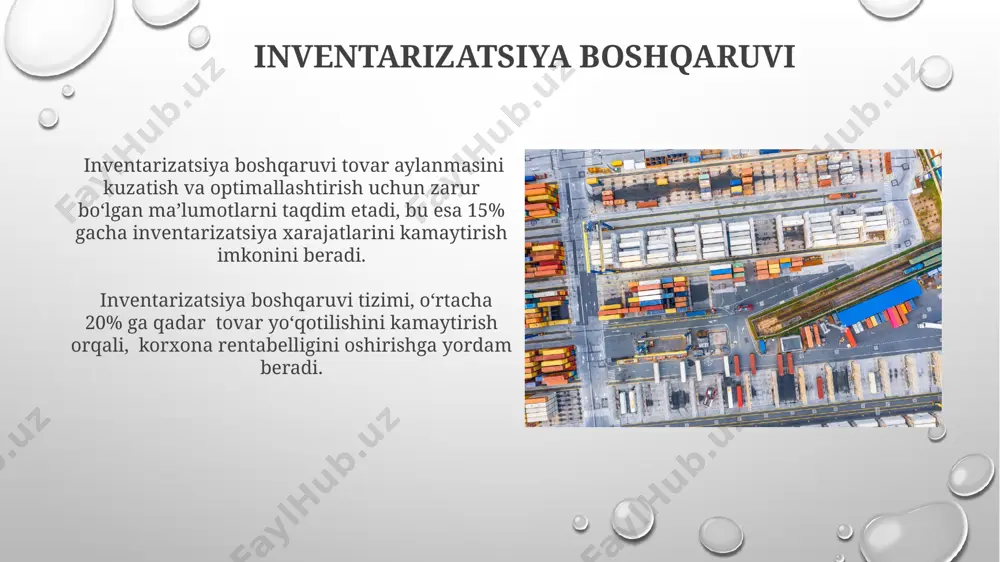 amonaviy it-texnologiyalar, masalan, blokcheyn va bulutli hisoblash tizimlari qo‘llanilmoqda. samarali xalqaro logistika zanjirlarini yaratishda, logistika xarajatlarini taxminan 10-15% ga kamaytirishga imkon beruvchi, optimallashtirilgan transport yo'nalishlarini rejalashtirish muhim ahamiyatga ega. ta'minot zanjiri rejalashtirish effektiv ta'minot zanjiri rejalashtirish, logistika xarajatlarini kamaytirishga, masalan, transport xarajatlarini 15% ga qisqartirishga olib kelishi mumkin. ta'minot zanjiri rejalashtirishda inventarizatsiya darajasi optimal darajada saqlash uchun, masalan, 95% xizmat darajasi bilan, o'rtacha 2 oylik zaxira miqdorini ta'minlashni o'z ichiga oladi. e'tiboringiz uchun rahmat @taqdimot_robot image3.png image4.jpg image5.jpg image6.jpg image7.jpg image8.jpg image9.jpg image10.jpg image11.jpg image12.jpg image13.jpg image14.jpg image15.jpg image1.png