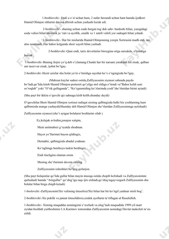 h va ulug’lash maqsadida 1999-yil mart oyidan boshlab yurtboshimiz i.a.karimov tomonidan zulfiyaxonim nomidagi davlat mukofoti ta’sis etildi. 2-boshlovchi:-hozirgi kunda 5ta qizimiz zulfiyaxonim ko’rik -tanloviga tayyorlanib sizning izingizdan bormoqda va bor iqtidorlarini namoyish etib sizning ishonchingizni oqlamoqchilar. 1-boshlovchi:- keling endi navbatni bo’lg’usi zulfiyaxonim qizlariga bersak.marhamat ,qizlar(davraga musiqa sadolari ostida 5ta qiz tashrif buyuradi) 1-qiz:she’r yozuvchi ijodkor qiz 2-qiz:raqqosa 3-qiz:tarjimon 4-qiz:sportchi 5-qiz:biror narsa yasovchi (5ta qiz nomeri ijro etilgach,5ta qiz bir xil raqs ijro etishadi) 2-boshlovchi:-siz azizlarni bir mushohadaga chorlaymiz.sizlarning e’tiborlaringizga asal to’ldirilgan idish, gullagan o’rik niholi va gullamagan o’rik niholini havola etamiz. siz izoh bering,bu uchala ko’rgazmaning zulfiya hayoti bilan qanday bog’liqlik tomoni mavjud?to’g’ri izoh bergan kishilar rag’batlantiriladi. 1-boshlovchi:(hammani yaqinlashib kelayotgan bahor bayramlari bilan qutlagandan so’ng) 2-boshlovchi: zulfiyaxonim xotirasi hamisha porloq. xalqning e’zozida mangudir mudom, bosh egib sajdalar qilaylik sizga. sadoqatning timsoli sizga ehtirom. 1-boshlovchi: yuz yoshingizni muborak etib, she’riyat bo’stoningiz kezdik birma-bir sizdek ulug’ zotlarni bergan ollohga ming bora shukronalar, …