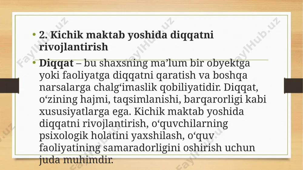 jarayonlari bilan uzviy bogdiq holda rivojlanadi. xayolning mahsuli shundaki, u orqali avvalgi tajribalar qayta ishlanadi. xayol tafakkur bilan shunday bog‘liq-ki, xayol ham, tafakkur ham muammoli vaziyatlardan kelib chiqadi va shaxs ehtiyojlariga asoslanadi. bola hayoli uning bilish jarayoniga, emotsional holatiga va ehtihojlariga kuchli ta‘sir qiladi. hayolni psixokorreksiya qilishdan avval bolalarda relaksatsion mashq o‘tkazish lozim. quyida hayol jarayononi o‘rganish va rivojlantirishga qaratilgan mashqlami keltirib o‘tamiz. nutqiy fantaziya” metodikasi. bolaga biror jonli mavjudot (odam yoki hayvonlar) haqida (yoki bolaning xohishiga ko‘ra) hikoya tuzish va uni so‘zlab berish topshirig‘i beriladi. buning uchun bolaga 5 minut vaqt ajratilib, shundan 1 minuti hikoya yoki ertakni o‘ylab olishi uchun beriladi. bola hikoyani so‘zlab berish jarayonida, uning fantaziyasi qay darajadaligini bilish uchun quyidagilarga e’tibor beriladi. xayol jarayonining tezligi obrazlarning o‘ziga xosligi, originalligi. fantaziya (tasavvur)ning boyligi. obrazlarning chuqur ishlanganligi. “tasavvur qilmang” mashqi o‘tkazilish tartibi: ishtirokchilarga hayollariga keltirmasliklari lozim bo‘lgan narsalar sanab o‘tiladi. ularga quyidagicha ko‘rsatma beriladi. ko‘rsatma: men hozir …