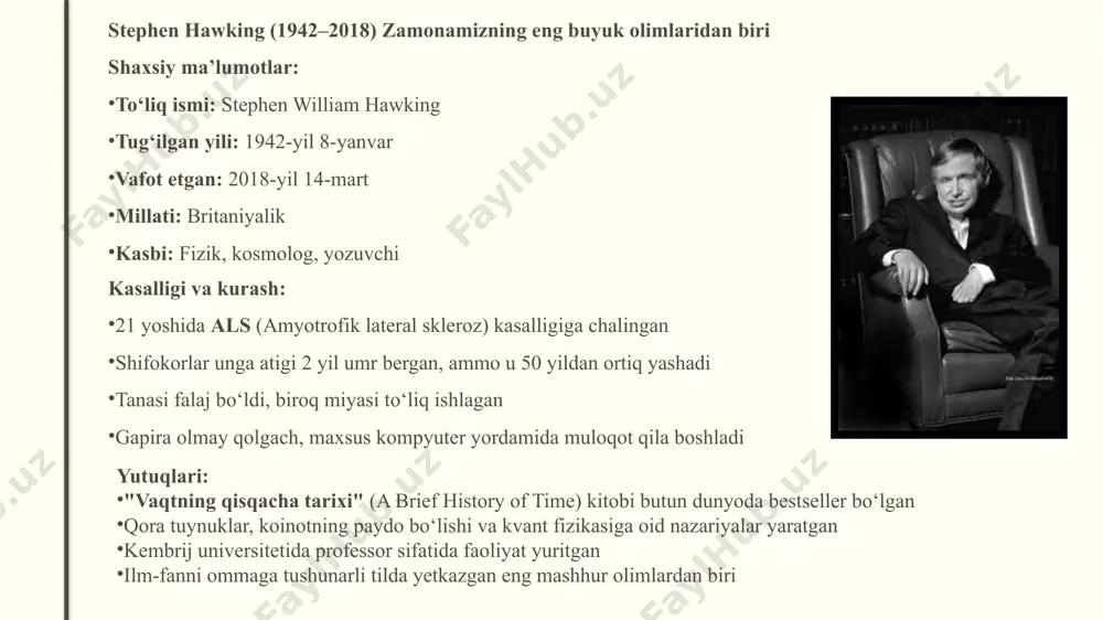 lalik falaji) tufayli pastki tanasi falaj bo‘lgan siyosiy faoliyati va yutuqlari: 1933–1945-yillar oralig‘ida to‘rt marta prezidentlikka saylangan yagona aqsh prezidenti buyuk depressiya davrida iqtisodni tiklash uchun "new deal" dasturini ishlab chiqqan ikkinchi jahon urushi davrida aqshni boshqargan u mamlakatni eng og‘ir inqirozlardan olib o‘tgan jasur lider sifatida tanilgan ludwig van beethoven (1770–1827) 🎼 eshitmasdan musiqa yozgan buyuk bastakor shaxsiy ma’lumotlar: to‘liq ismi: ludwig van beethoven tug‘ilgan: 1770-yil, bonn (hozirgi germaniya) vafot etgan: 1827-yil, vena (avstriya) kasbi: bastakor, pianinochi nogironligi: esitish qobiliyatini yo‘qotgan (kar) ijodiy faoliyati va yutuqlari: 9 ta simfoniya, 32 ta pianino sonatasi, 5 ta fortepiano konserti, opera va ko‘plab kamer musiqa asarlari yozgan mashhur asarlari: 5-simfoniya (taqdir eshigi taqillashi) 9-simfoniya (ode to joy – yevropa ittifoqi madhiyasi) kar bo‘lganida ham eng buyuk asarlarini yaratgan (xususan, 9-simfoniya) xulosa imkonyat cheklanishi — ruhiy kuchga to‘siq emas dunyoning eng mashhur va ilhomlantiruvchi insonlari orasida imkonyati cheklanganlar ko‘p. ularning hayoti shuni ko‘rsatadiki: …