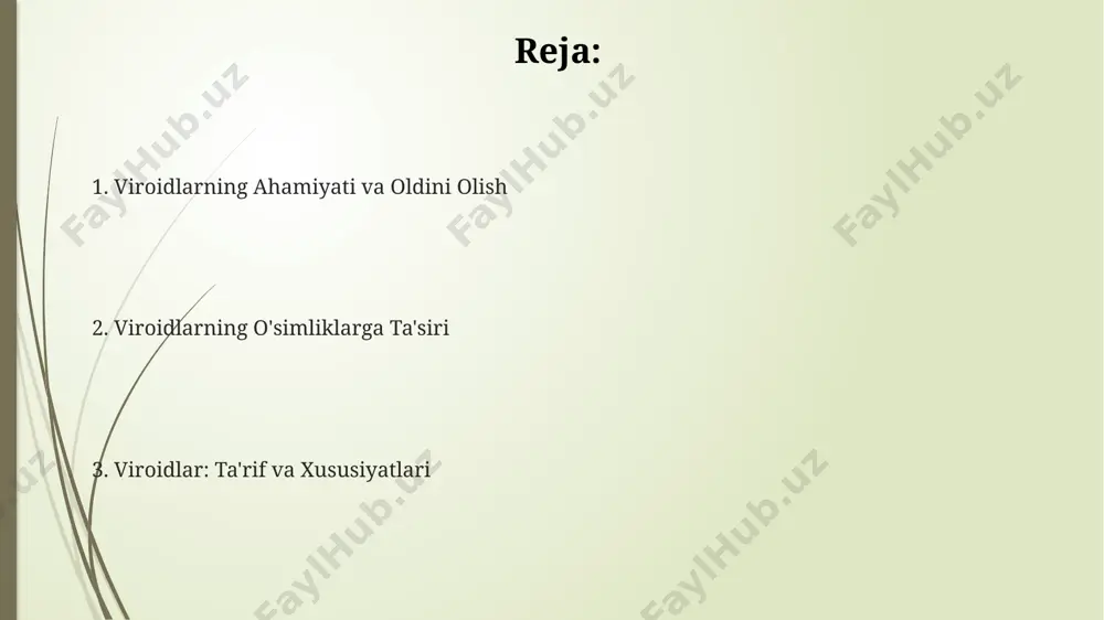 i) orqali tarqaladi va dunyoning 30 dan ortiq mamlakatida 200 dan ortiq o'simlik turlariga zarar yetkazadi. meksikada makkajo'xori viroid kasalliklarining tarqalishiga qarshi kurashda 2000 yildan keyin genetik muhandislik usullaridan foydalanish sezilarli darajada samarali bo'lganligi aniqlandi. molekulyar biologiyadagi ahamiyati viroidlarning rnk replikatsiyasi mexanizmlarini o'rganishda, xususan, 20 dan ortiq turdagi o'simlik viroidlari genomlarini tahlil qilish orqali, molekulyar biologiyaning rivojlanishiga katta hissa qo'shdi. viroidlarning minimal genomlari (300 nukleotidgacha) o'zlarining replikatsiyasi va patogenligi uchun zarur bo'lgan genlarning minimal to'plamini o'z ichiga oladi, bu esa gen ifodasi va evolyutsiya jarayonlarini tushunishga yordam beradi o'simliklarda viroidlar tomonidan kelib chiqqan kasalliklarning molekulyar mexanizmlarini o'rganish, 50 dan ortiq mamlakatda o'tkazilgan tadqiqotlar natijalariga ko'ra, genlarning sustlashishi va transkripsiya regulyatsiyasi kabi jarayonlarga ta'sirini aniqlashga imkon berdi. kelajakdagi tadqiqot yo'nalishlari viroidlardagi rna replikatsiyasi mexanizmlarini chuqurroq tushunish uchun, masalan, 10 dan ortiq yangi viroid turlarini aniqlash va ularning genomik xususiyatlarini, xususan, osiyo mintaqasi davlatlarida, batafsil o'rganish kerak. viroidlarning o'simliklarga ta'siri va patogenez …